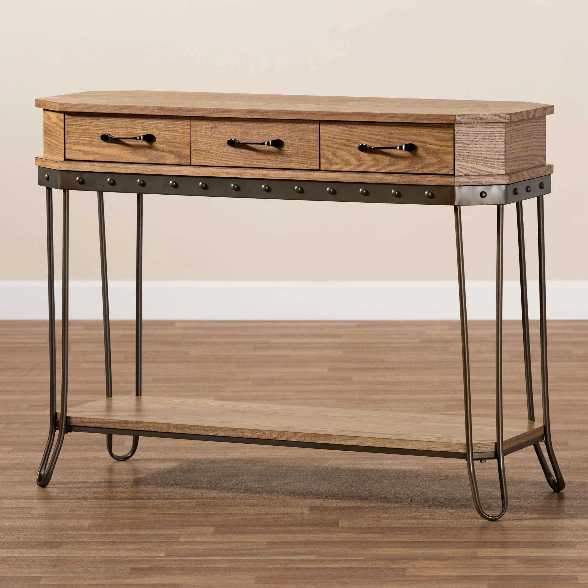 Baxton Studio Kellyn Industrial Wood and Metal 3 Drawer Console Table, Oak