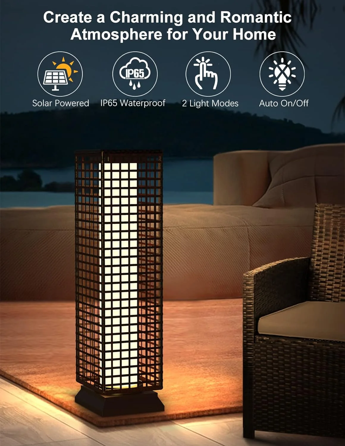 Outdoor Solar Floor Lamp with 2 Lighting Modes, 2200 mAH Solar Patio Light Waterproof with 2 Ground Plugs, 2024 Upgraded Resin Wicker Pathway Lights for Outdoor Porch Yard Deck Patio Garden Decor