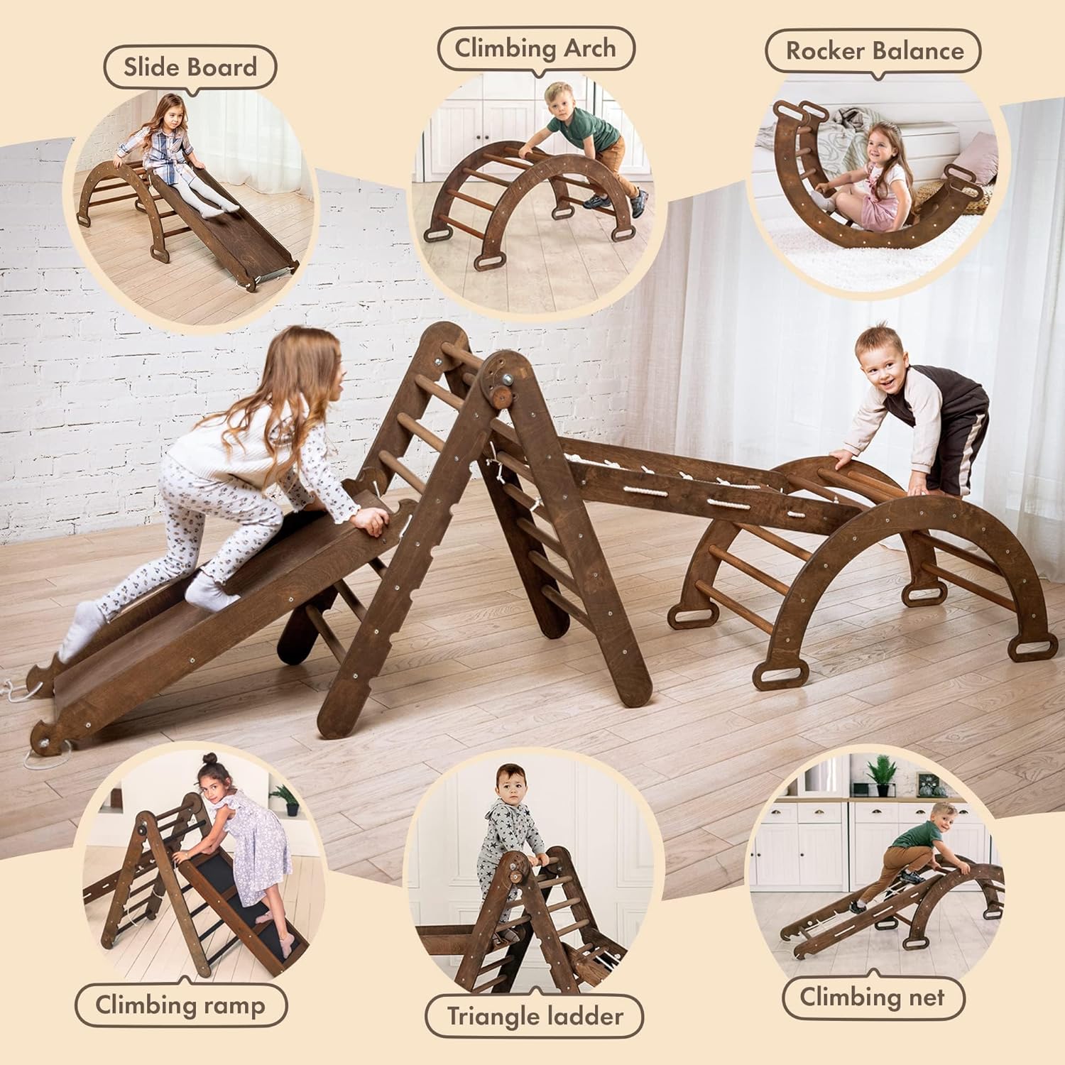 Montessori Climbing Set 4 in 1 for Kids - Wooden Pikler Triangle Arch Board & Slide Climbing Toys for Toddlers 1-3 - Climbing Indoor Playground Toddlers Jungle Gym