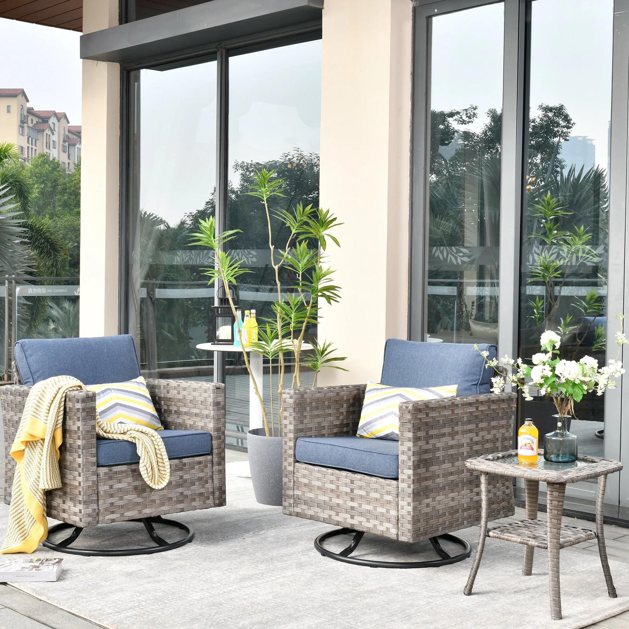 OVIOS  Patio Wicker Swivel Rocking Chair 3-piece Set with Side Table Navy Blue