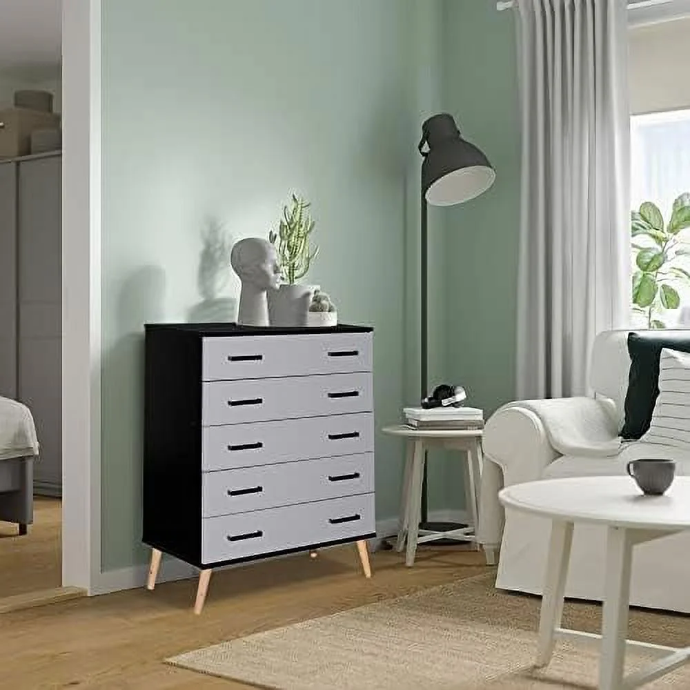 HBBOOMLIFE Eli Mid-Century Modern 5 Drawer Chest Dark Gray & Oak