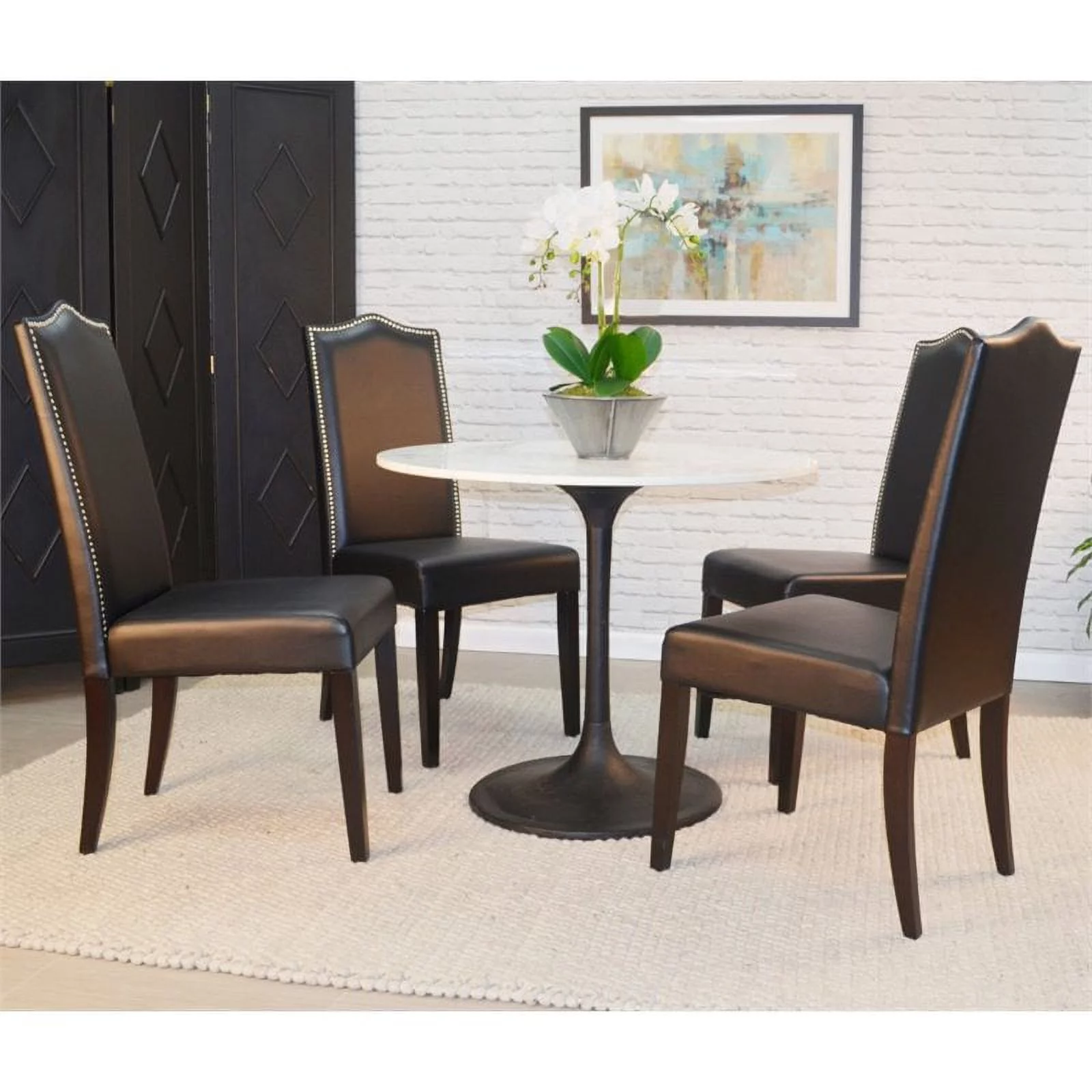 Enzo 36 Inch Round Marble Top Dining Table White Top with Black Base