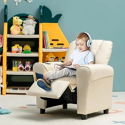 HOOMHIBIU Recliner Chair  Children PU Leather Lounge Chair with Adjustable Backrest  Footrest  Headrest & Cup Holder  Toddler Couch for Boys & Girls  Pink