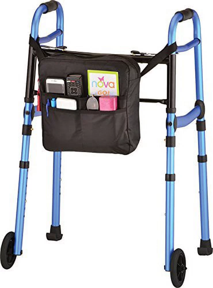 NOVA Medical Products Travel Folding Walker with wheels, Glide Skis and Mobility Bag, Blue, 7 Pound
