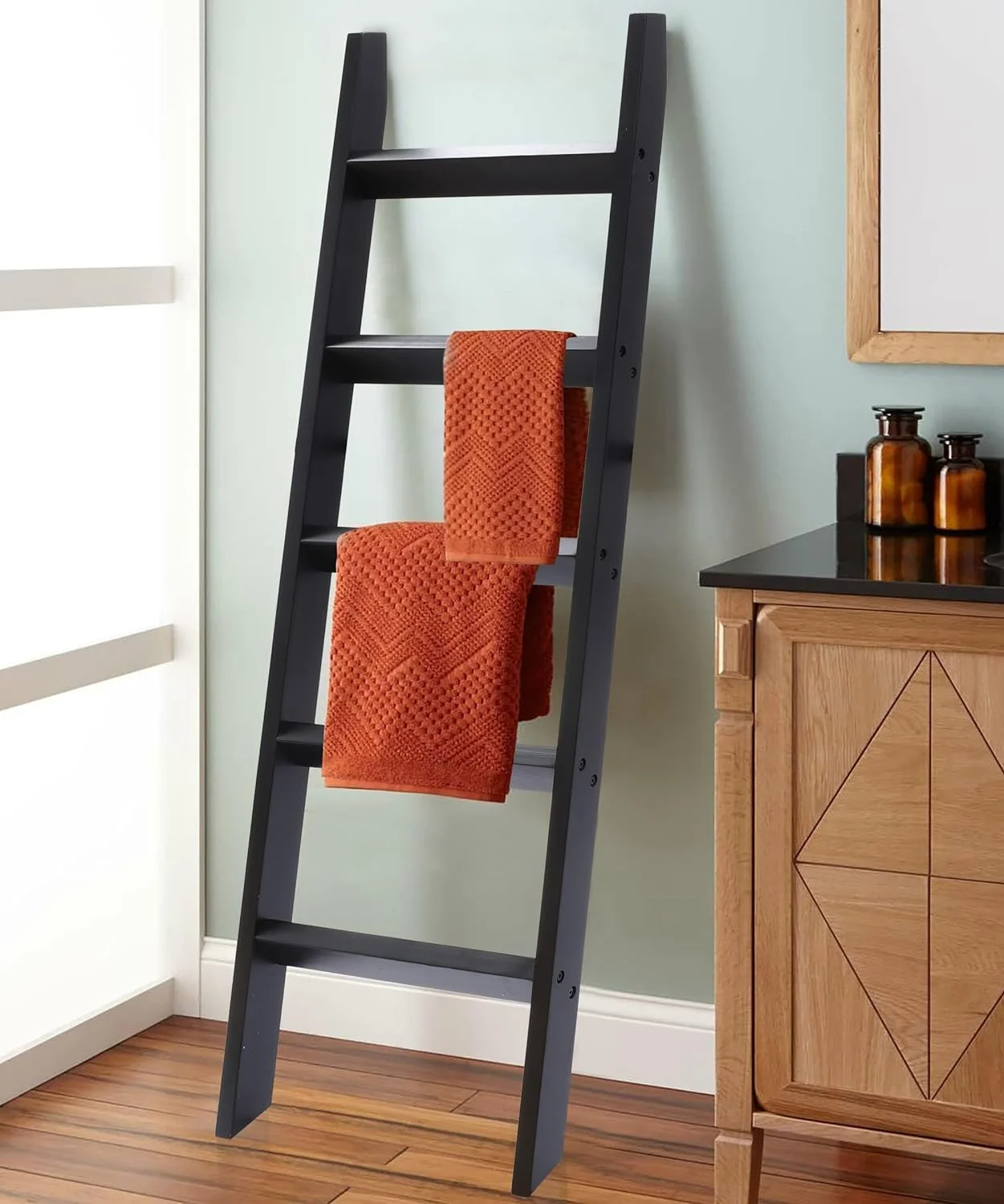 Black Wood 5Ft Decorative Blanket Ladder, Hallops Blanket Ladder, Premium Wood Rustic Ladder Shelf, Ladder Shelf For Quilt, Rustic Farmhouse Decor, Vintage Wooden Ladder Shelf