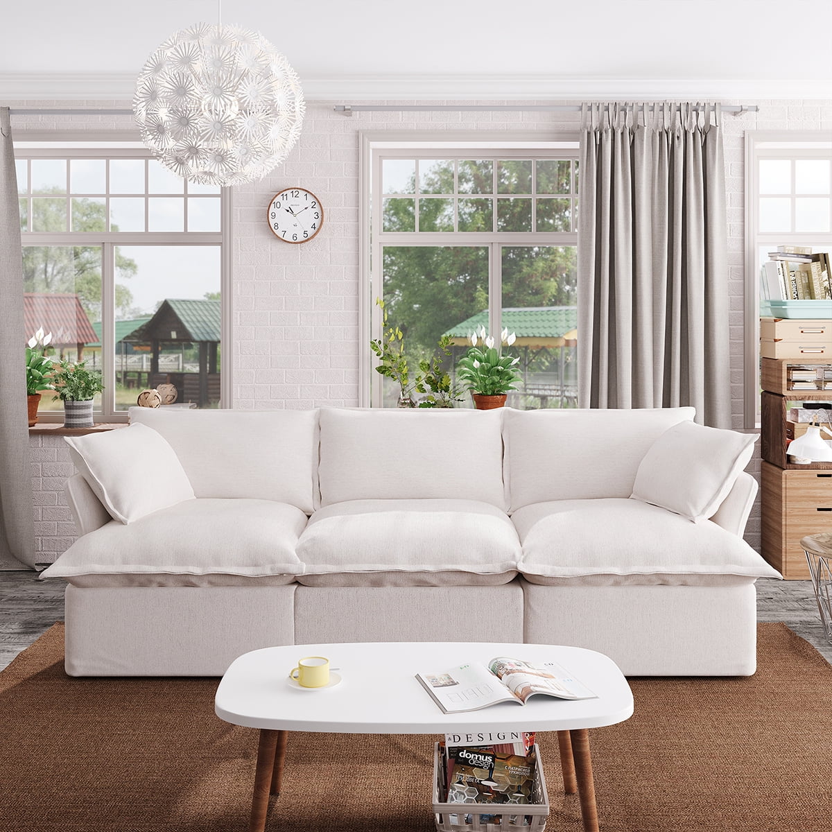 Indecor Home Sectional Sofa 3 Seater Convertible Couch Linen Blend Sofa Set for Living Room Furniture White