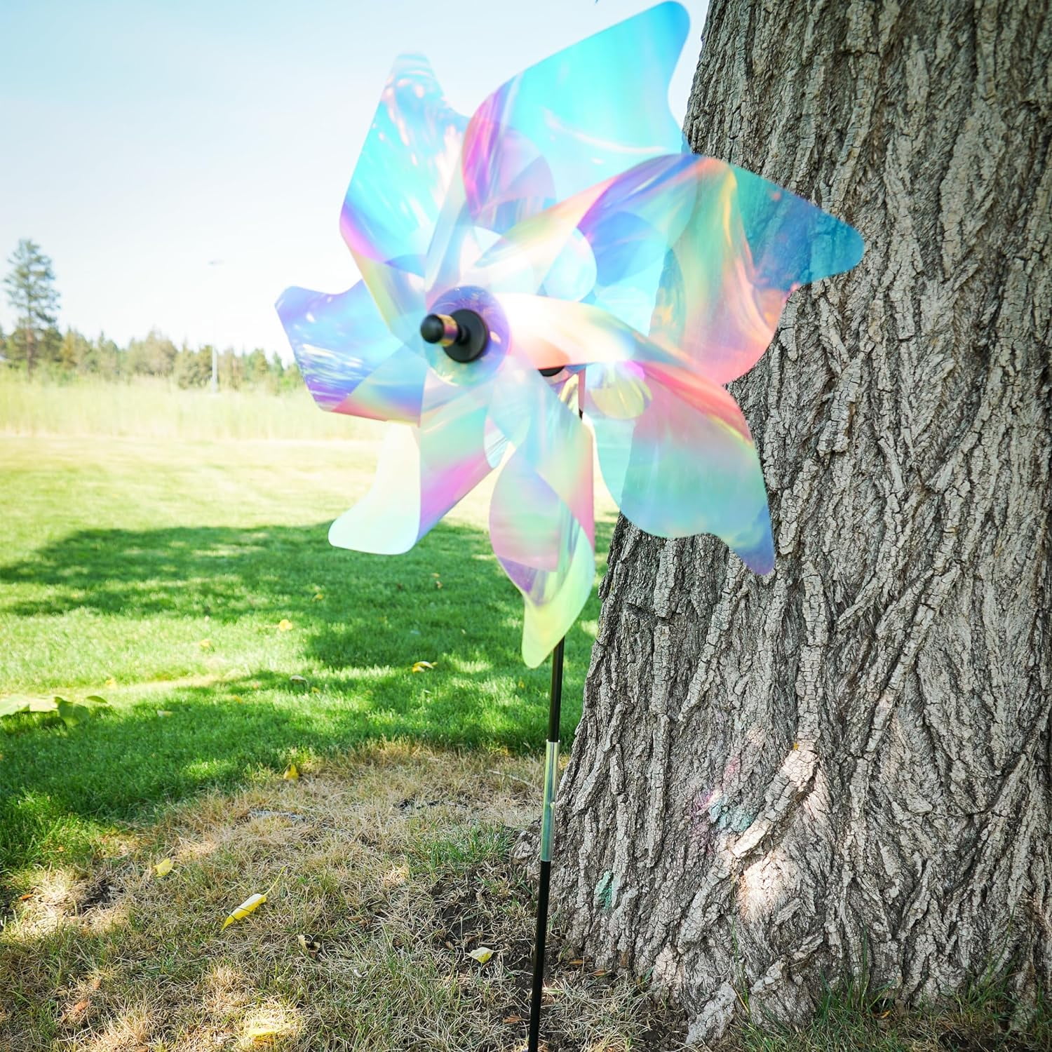 In the Breeze 2622 — 18-inch Striped Iridescent Pinwheel Spinner — Colorful Mylar Wind Spinner for Yards and Gardens