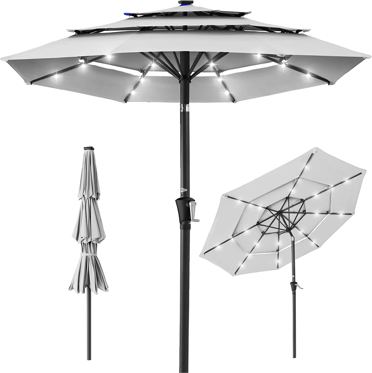 10ft 3-Tier Solar Patio Umbrella - LED Lights, Tilt Adjustment, 8 Ribs, Fog Gray