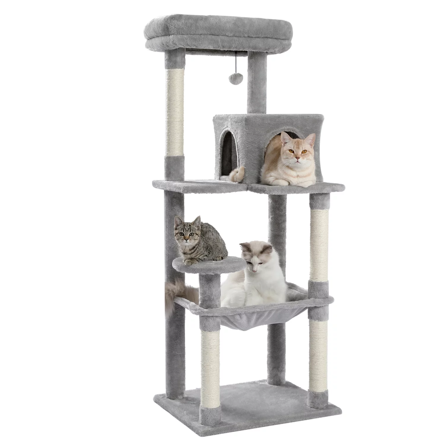 ZephyPaws Cat Tree 56.2” Cat Tower with Sisal Scratching Post ,Cozy Condo, Top Perch, Hammock and Dangling Ball Grey