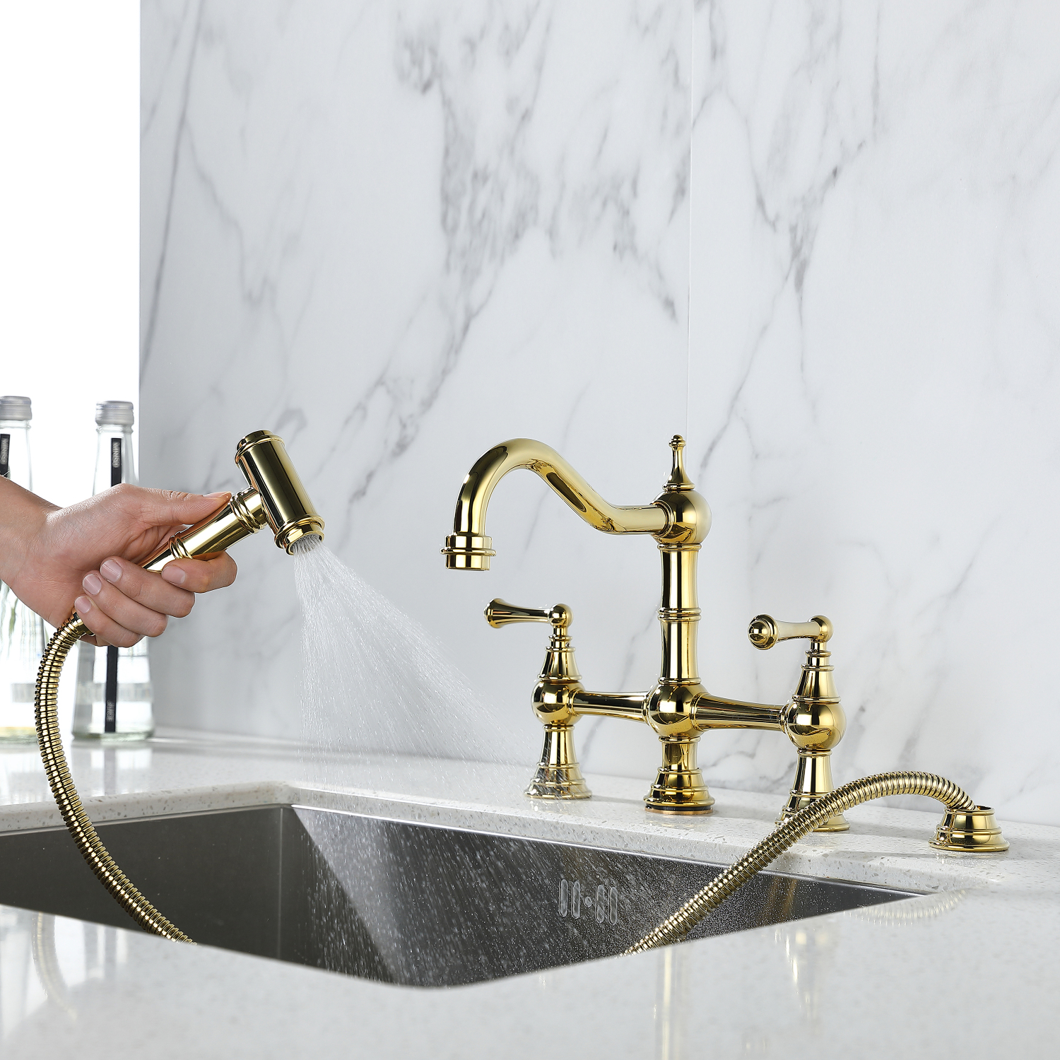 YLtoohoom Bridge Dual Handles Kitchen Faucet With Pull-Out Side Spray in