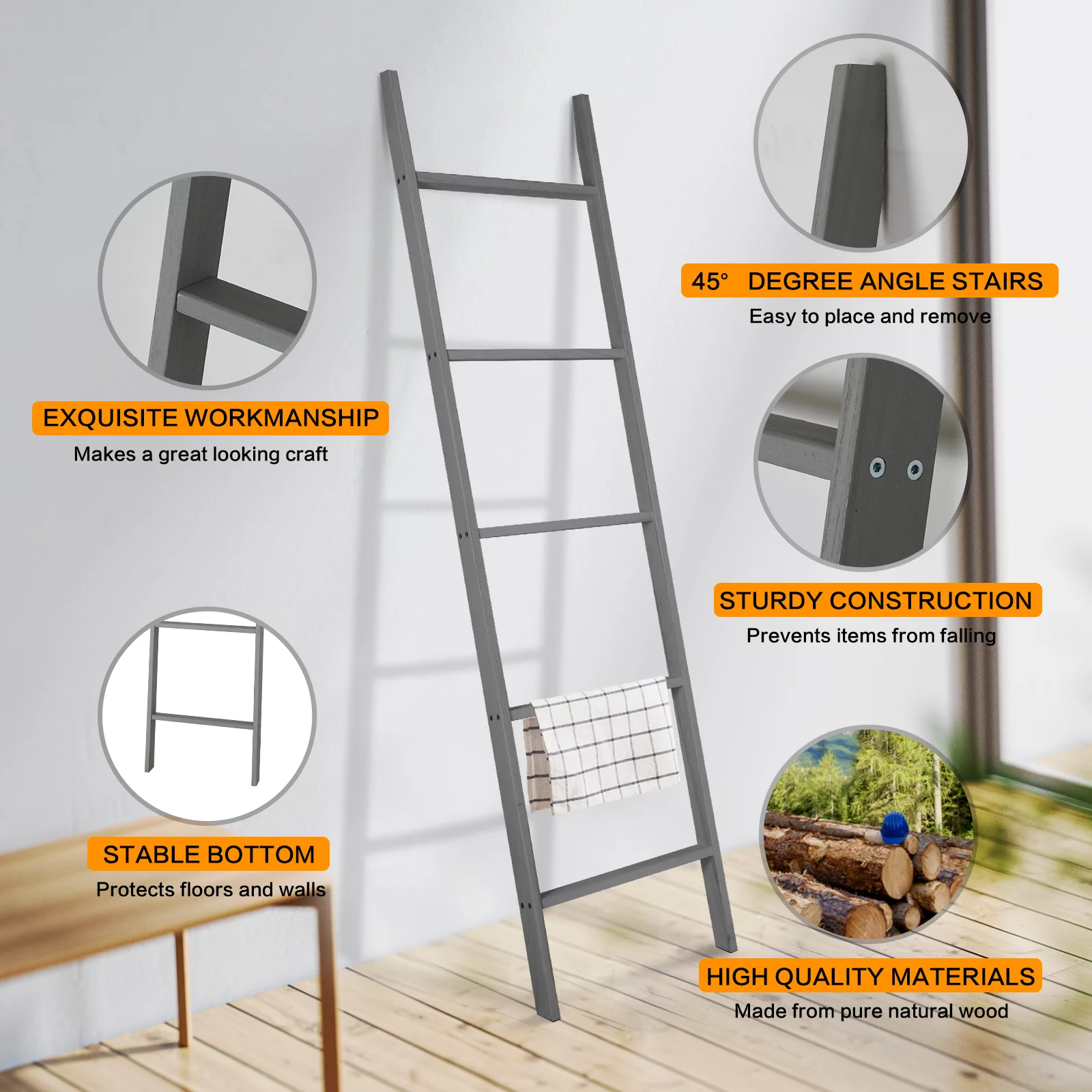 Fionafurn 5-Tier Modern Ladder Shelf,Wooden Flower Book Display Shelf，Leaning Wall Shelf，Gray