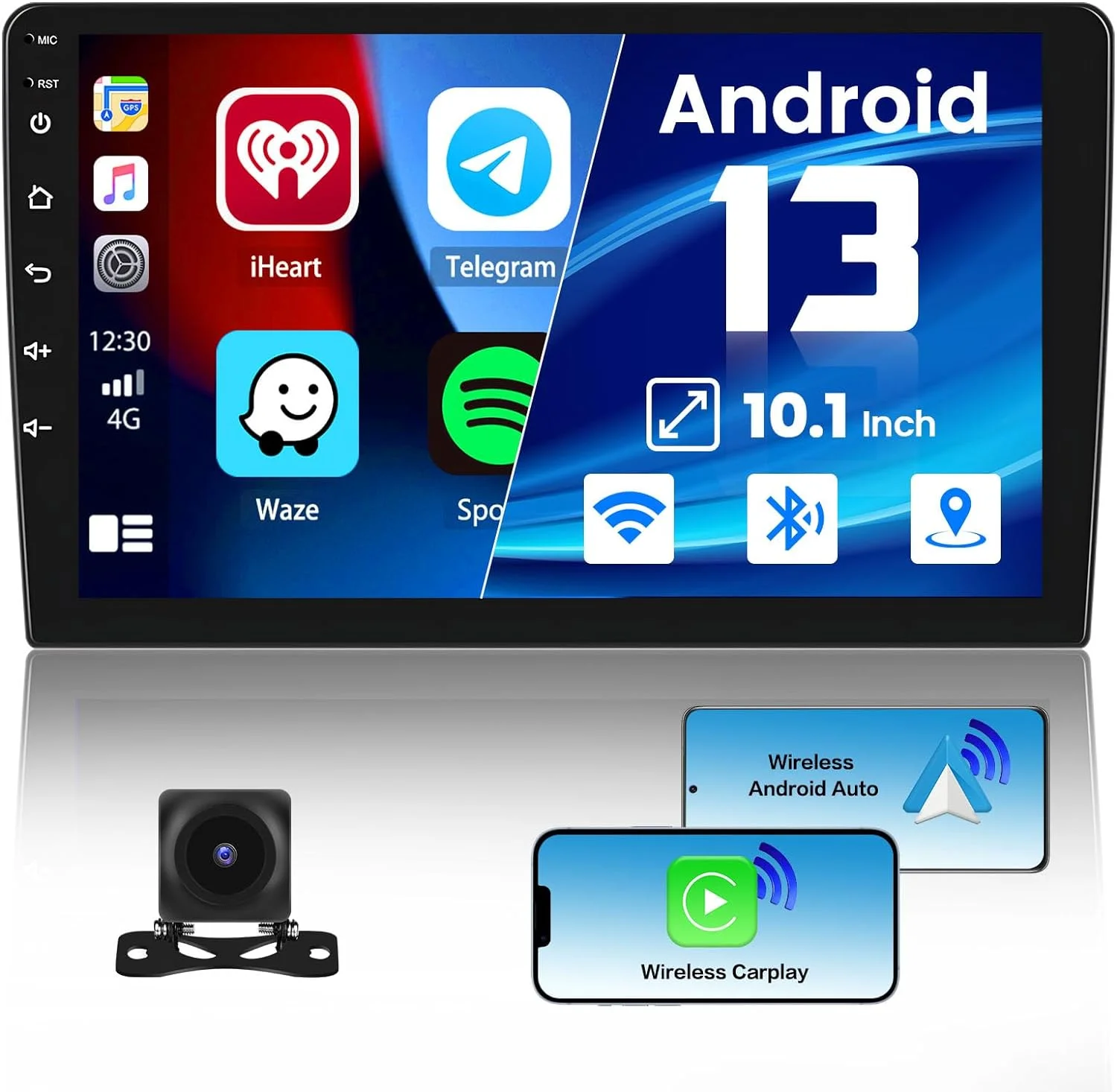 1G+32G Double Din Android 13 Car Stereo with Wireless Carplay Android Auto, 10.1 Inch Touch Screen Car Radio with HiFi/BT/GPS Navigation Support Fastboot Backup Camera WiFi Connection