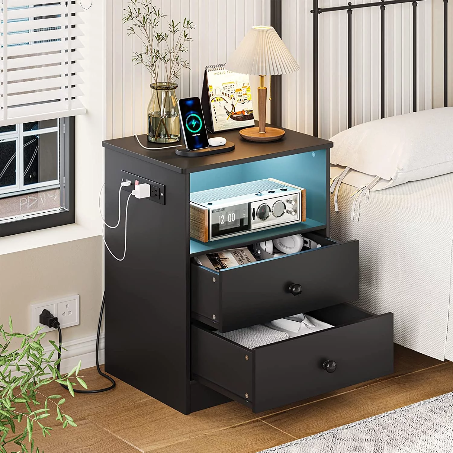 LED Light Nightstand Set of 2 with Charging Station, Bedside Table with 2 Drawers, Black End Table for Bedroom, Dimensions 17.7'' x 13.8'' x 23.5''