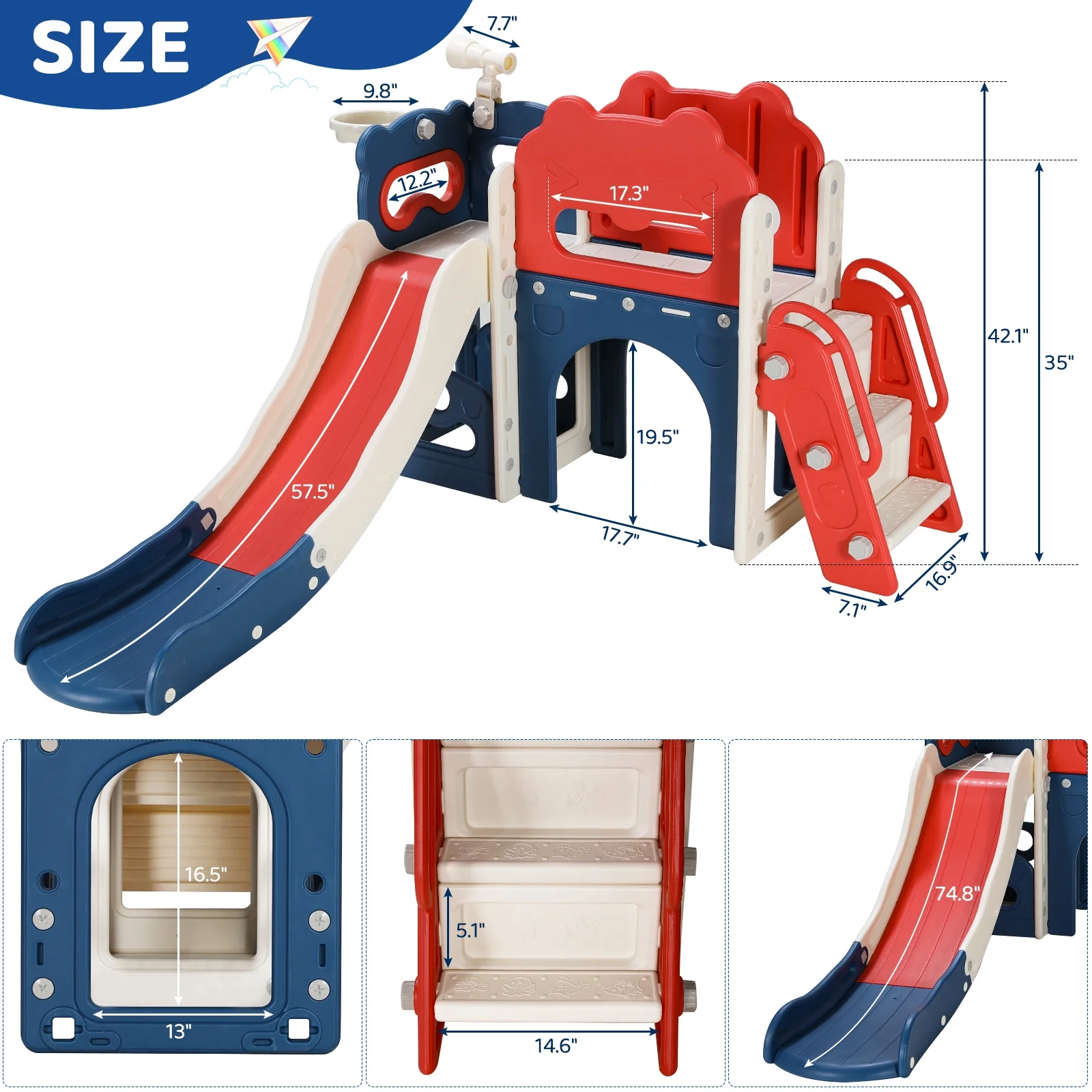 Pirecart 8 in 1 Kids Slide Set, Toddler Climber Slide Play Set With Basketabll Hoop, Tunnel, Telescope and Ball