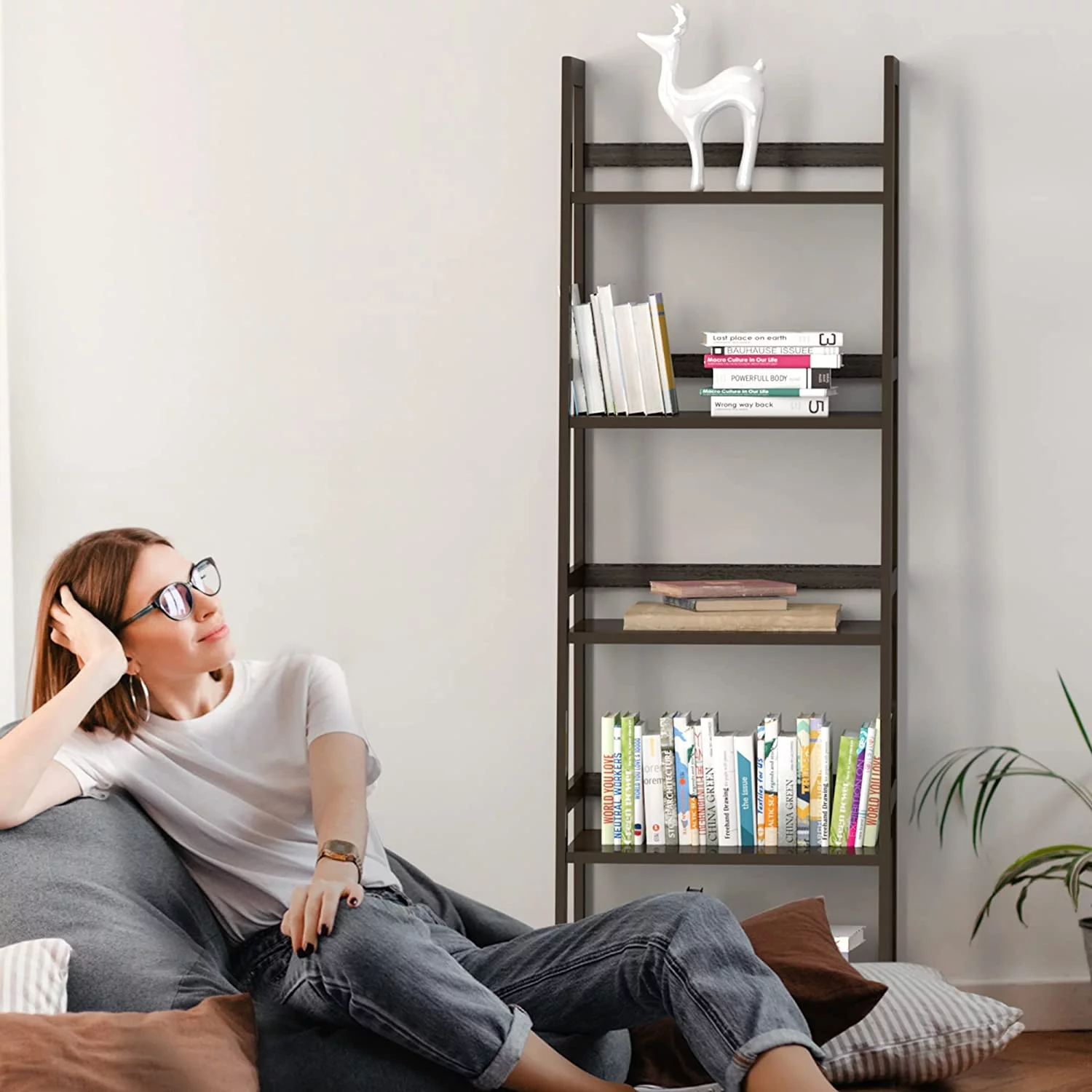 DFITO Bookshelf, Ladder Shelf, 5 Tier Bamboo Bookcase, Office, BC-238 Black