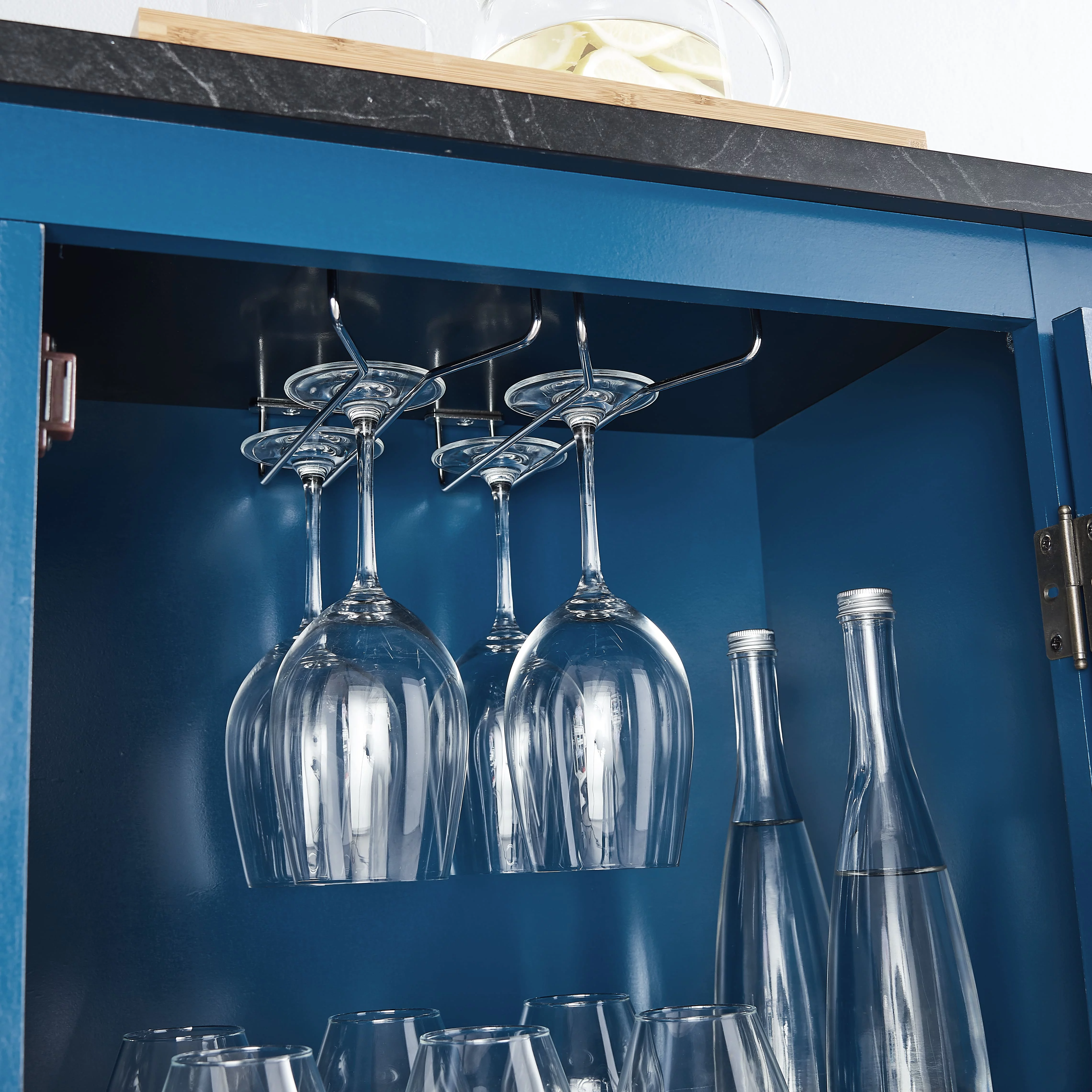 FESTIVO 47 in. Navy Blue Wood Buffet Bar Cabinet with Wine Rack with Marbling Pattern Countertop