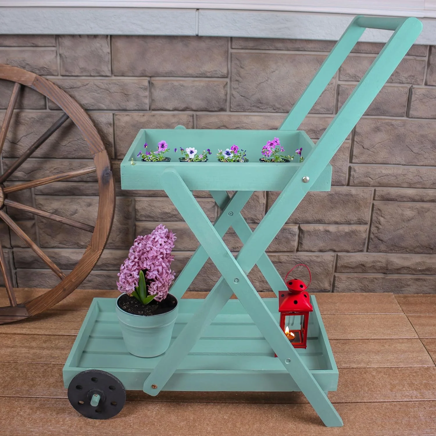 LIANMEI 2-Tiered Flower Garden Cart with Built-In Handle - Fir Wood - 20 lb Weight Capacity - 34” H - Robin Egg Blue