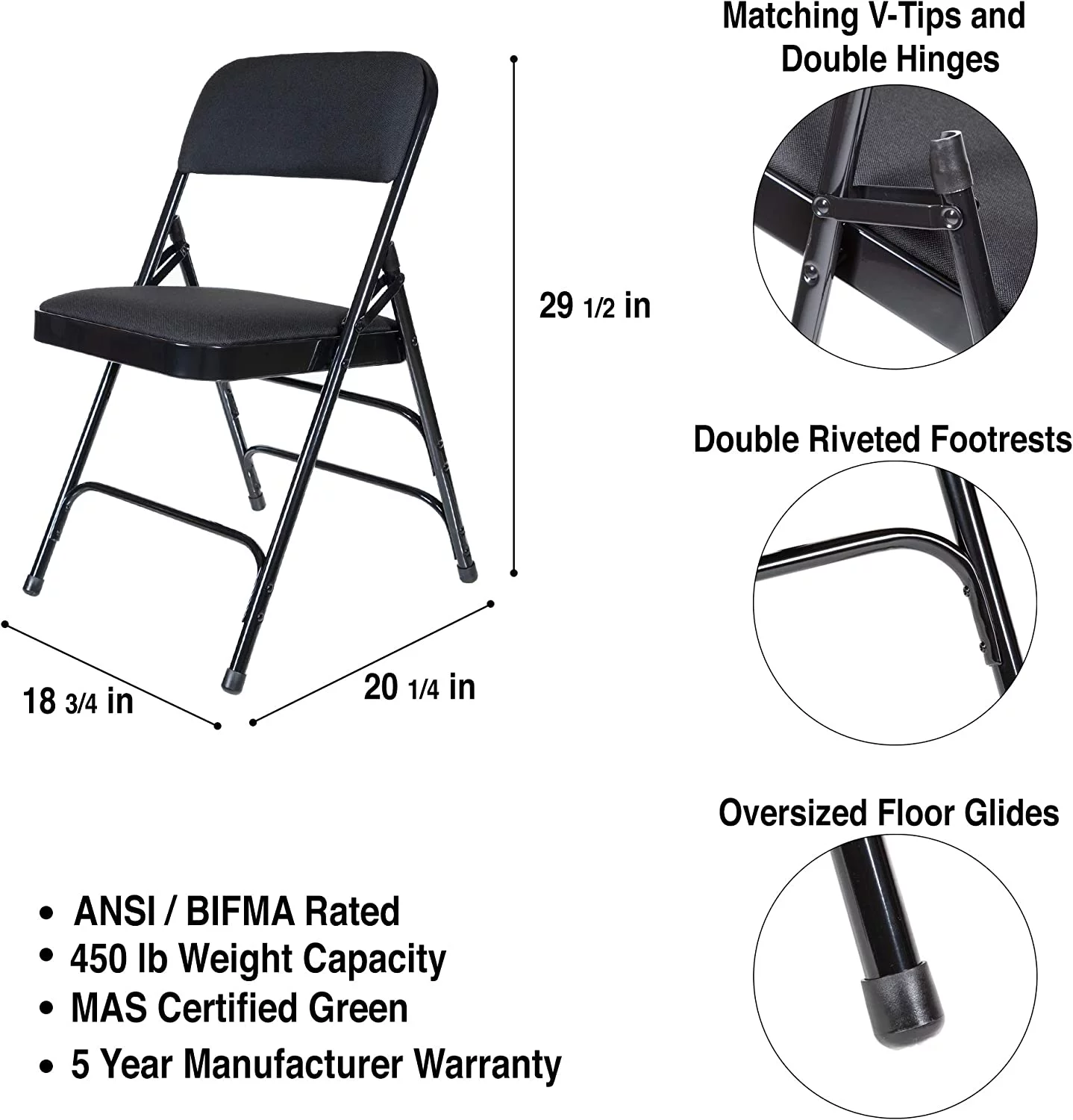 Premium Fabric Upholstered Steel Folding Chairs, 4 Pack, Black