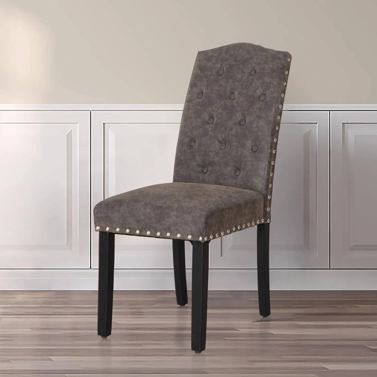 Dining Chairs Set Of 2, Upholstered Dining Room Chairs, Tufted Kitchen Chairs With Solid Wood Legs And Tall Backrest, Faux Leather Padded Parson Chairs, Grey