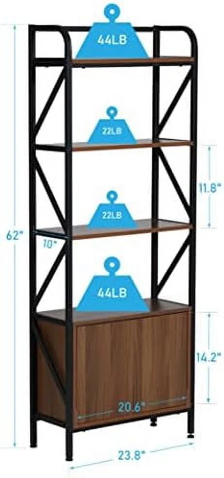 TJUNBOLIFE 4 Tier Bookshelf  47" Free Standing Bookcase  Modern Metal Frame Book  for Living Room Home Office  Rustic Brown