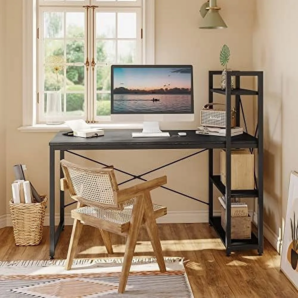 JYHOME Computer Desk with Shelves - 47 Inch Small Space Home Office Desks with Bookshelf for Study Writing and Work - Plenty Leg Room and Easy Assemble  Wash White