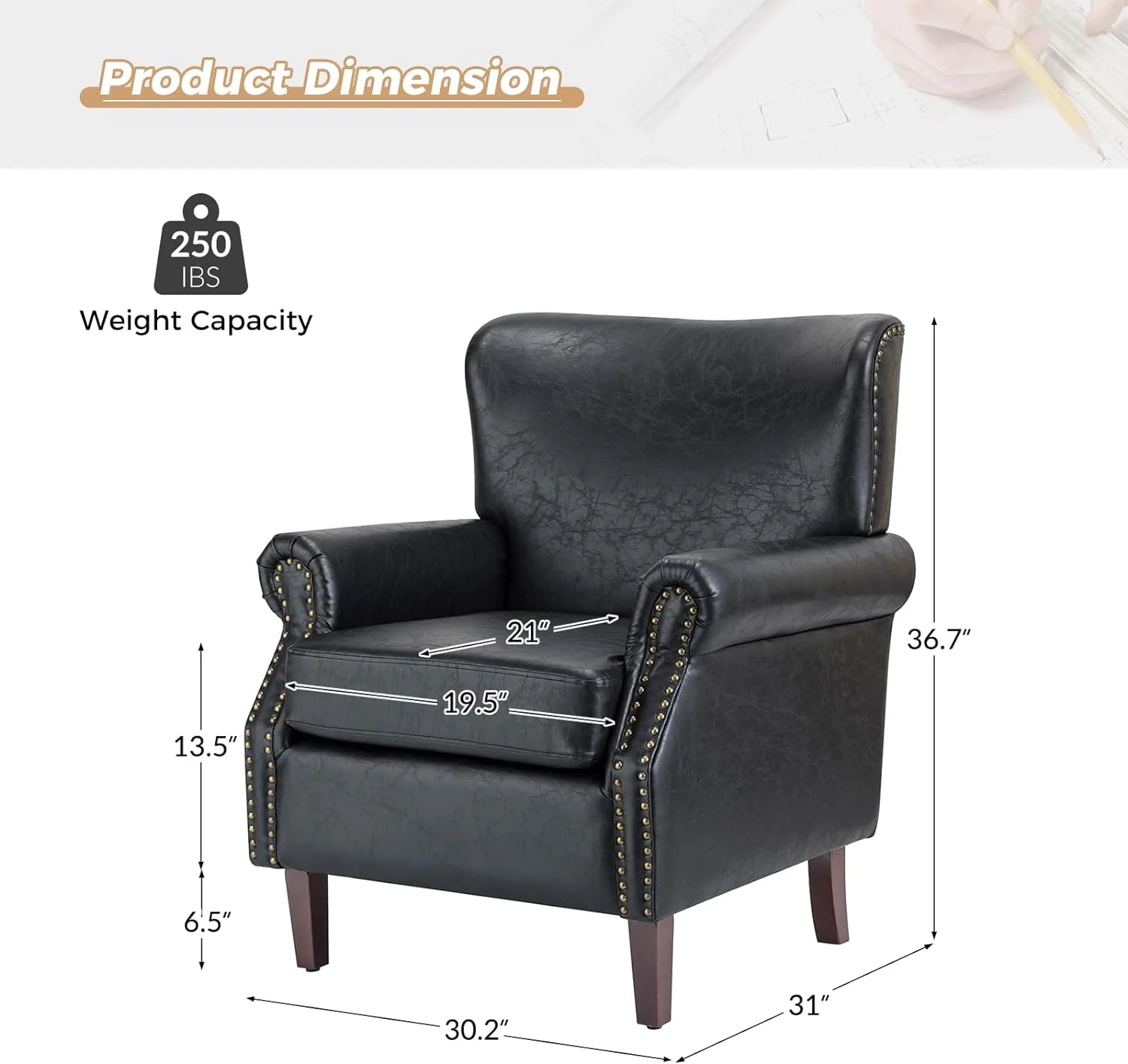 Faux Leather Accent Chairs Set Of 2 With Rolled Armrests & Nailhead Trim, Comfy Upholstered Living Room Armchairs With Removable Cushion, Traditional Sofa Chairs For Bedroom Office, Black