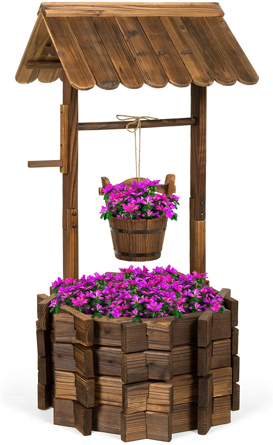 Rustic Wooden Wishing Well Planter Outdoor Home Décor for Patio, Garden, Yard w/ Hanging Bucket
