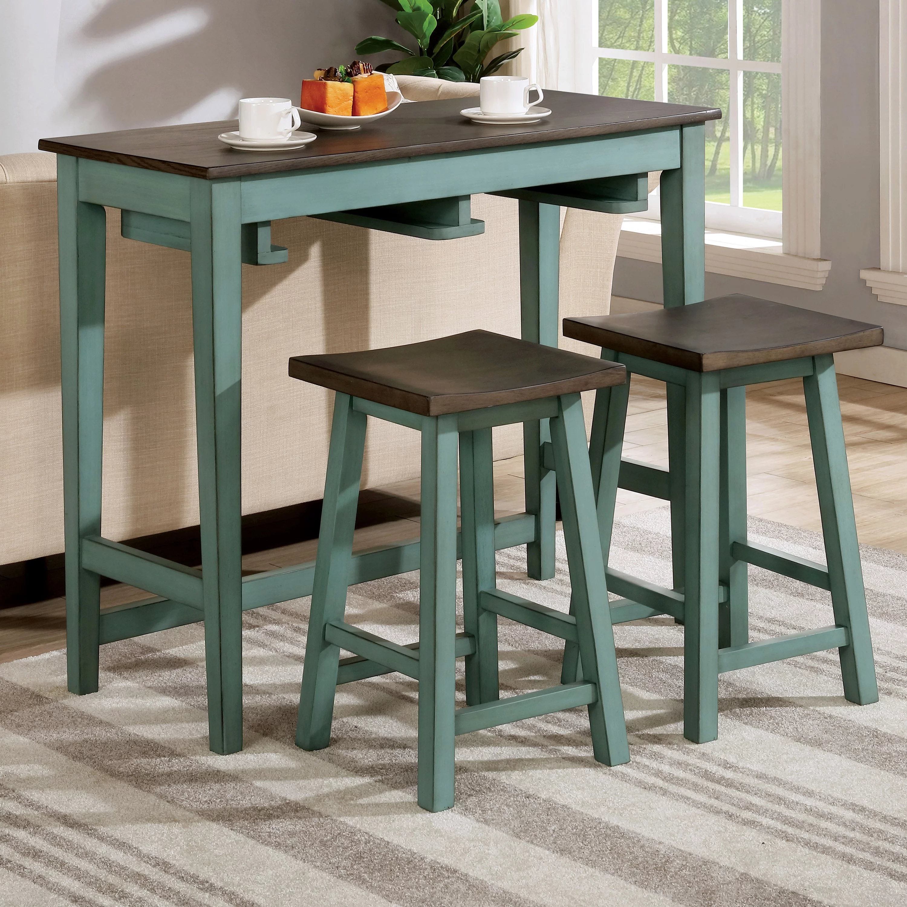 Furniture of America Tryst 3-Piece Wood Bar Set, Antique Teal and Gray