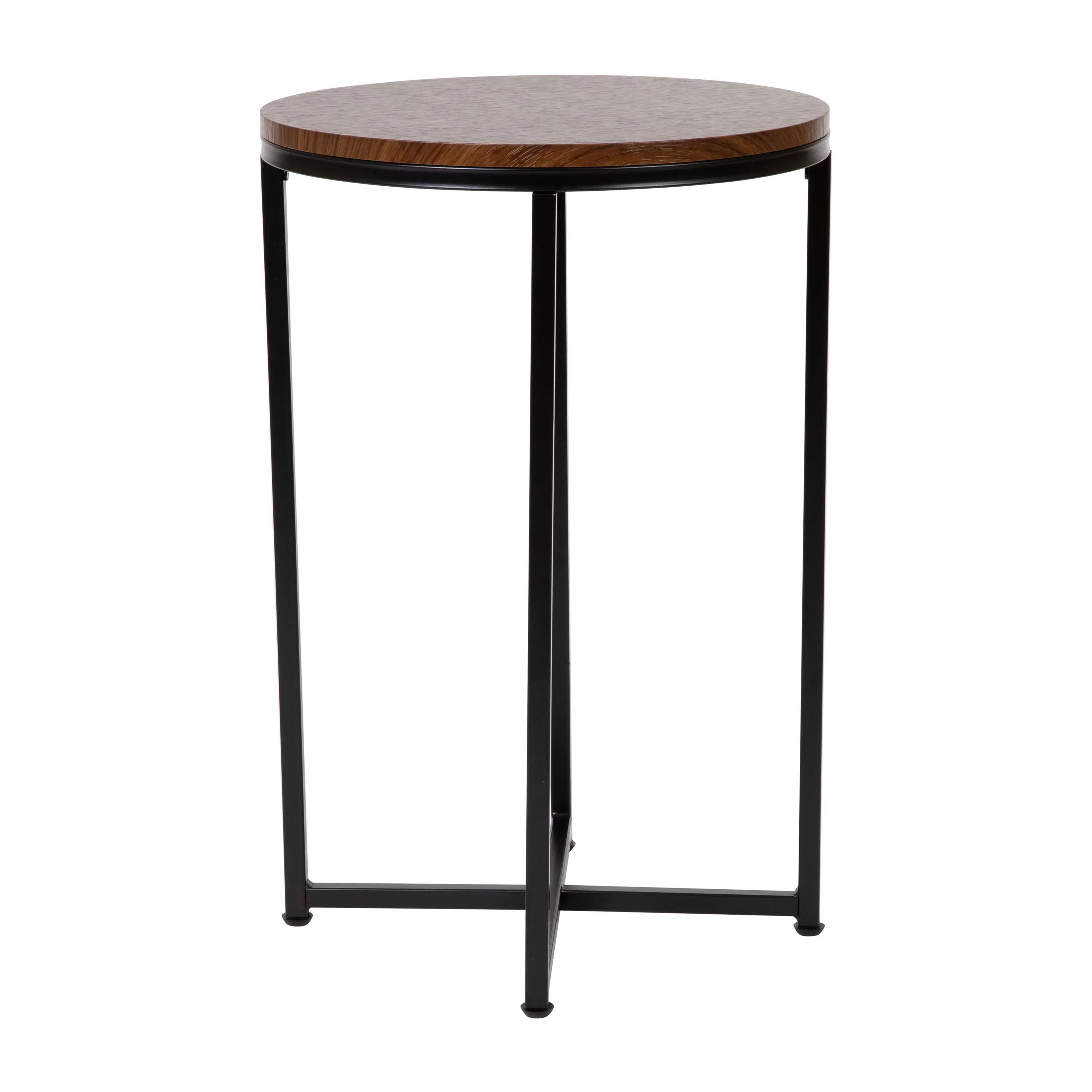 Merrick Lane Walnut End Table with Round Matte Black Cross Brace Frame