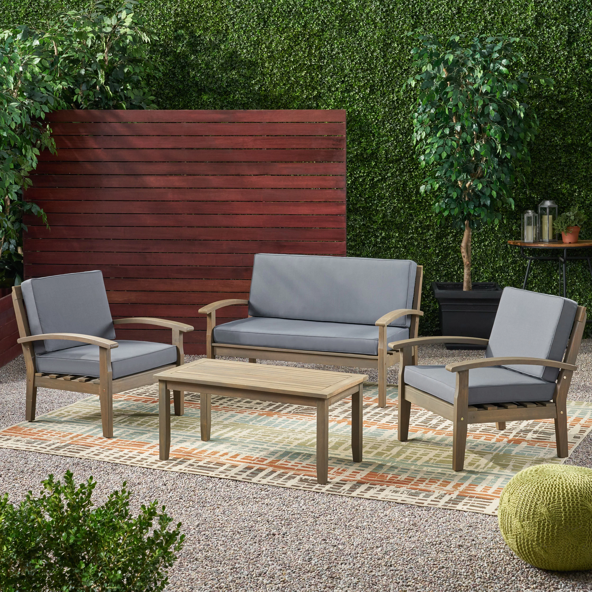 Ryland Outdoor 4 Piece Acacia Wood Chat Set, Gray, Dark Gray