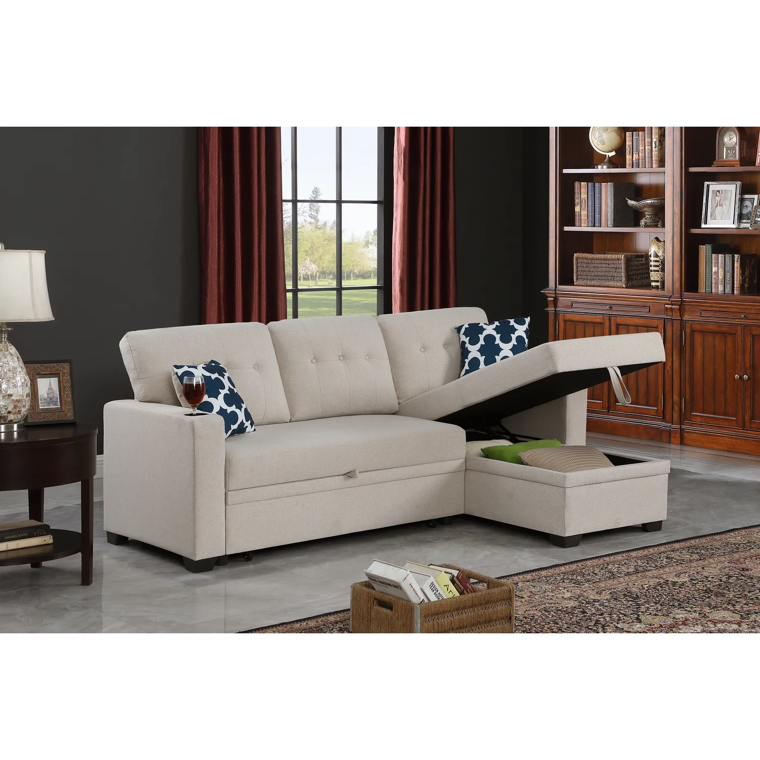 Devion Furniture Reversible Fabric Sleeper Sofa Bed & Chaise with Cup Holder-Beige