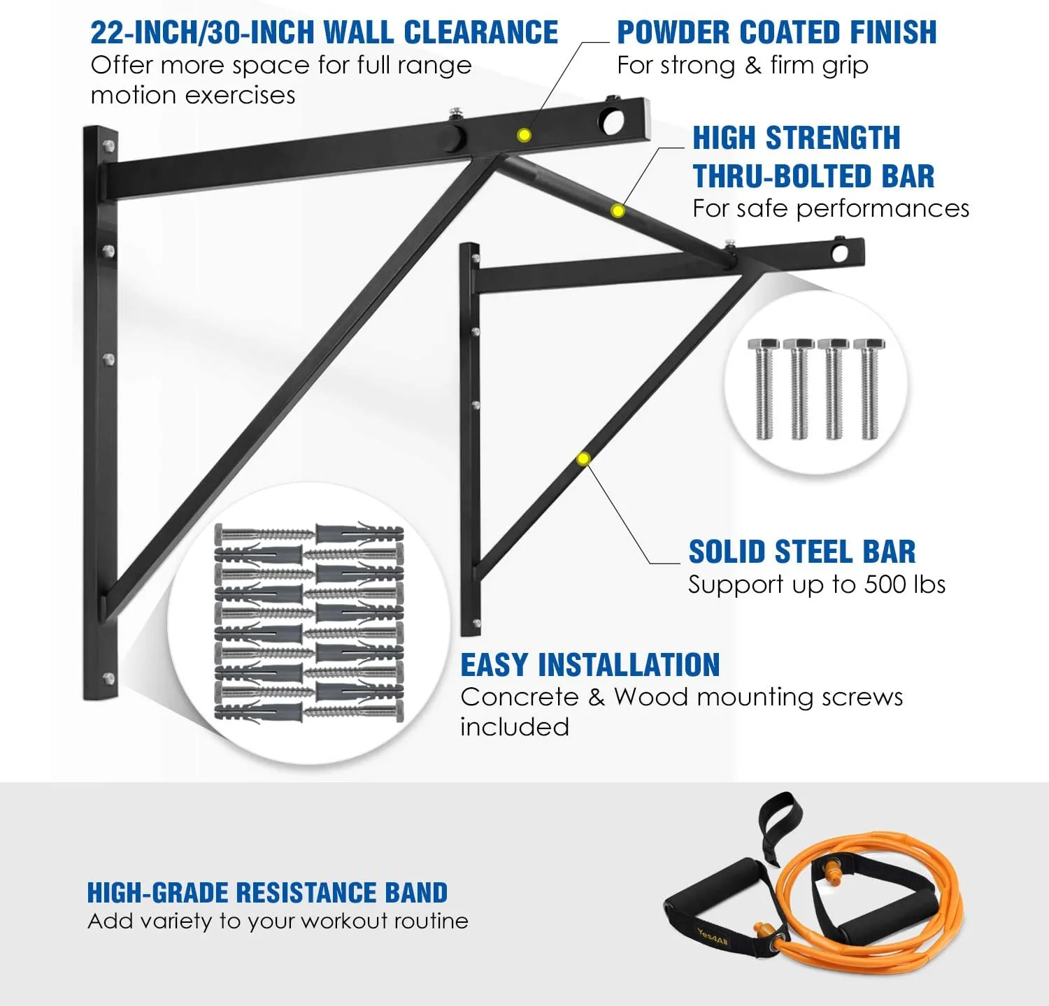 Yes4All Heavy Wall Mount Chin Up Bar + Resistance Band 25lb, Black, Combo