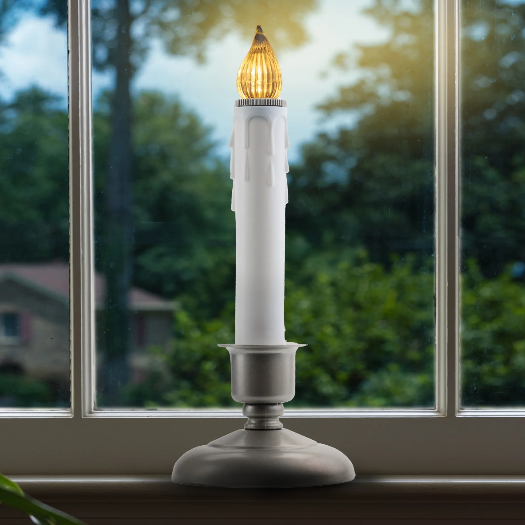IMC Cape Cod Battery Operated LED Window Candle with Timer & Wax Drips, Pewter Base, Warm White Flame Bulb, 9.5