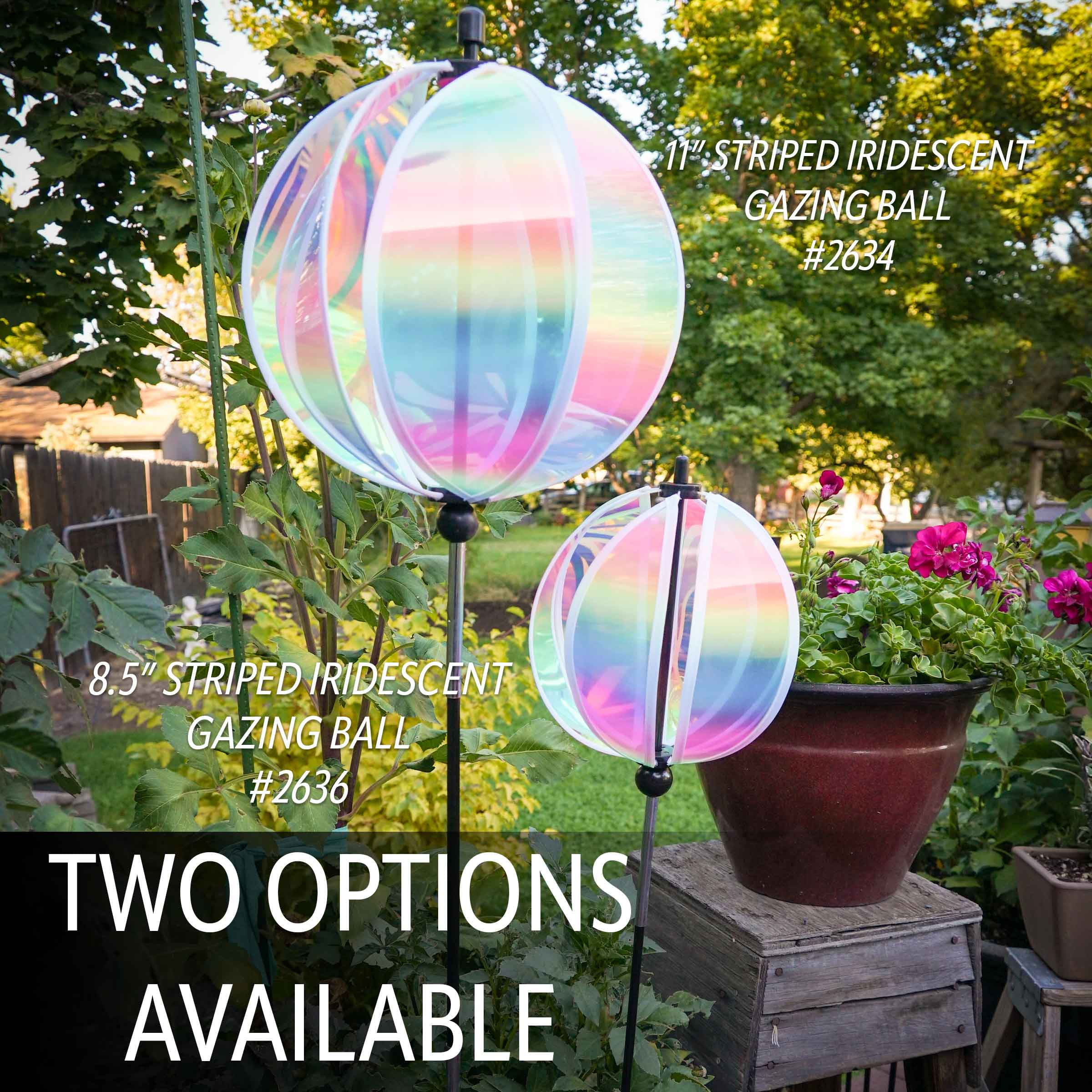 In the Breeze 2634 — 11-Inch Striped Iridescent Gazing Ball — Vibrant Garden Ball Wind Spinner