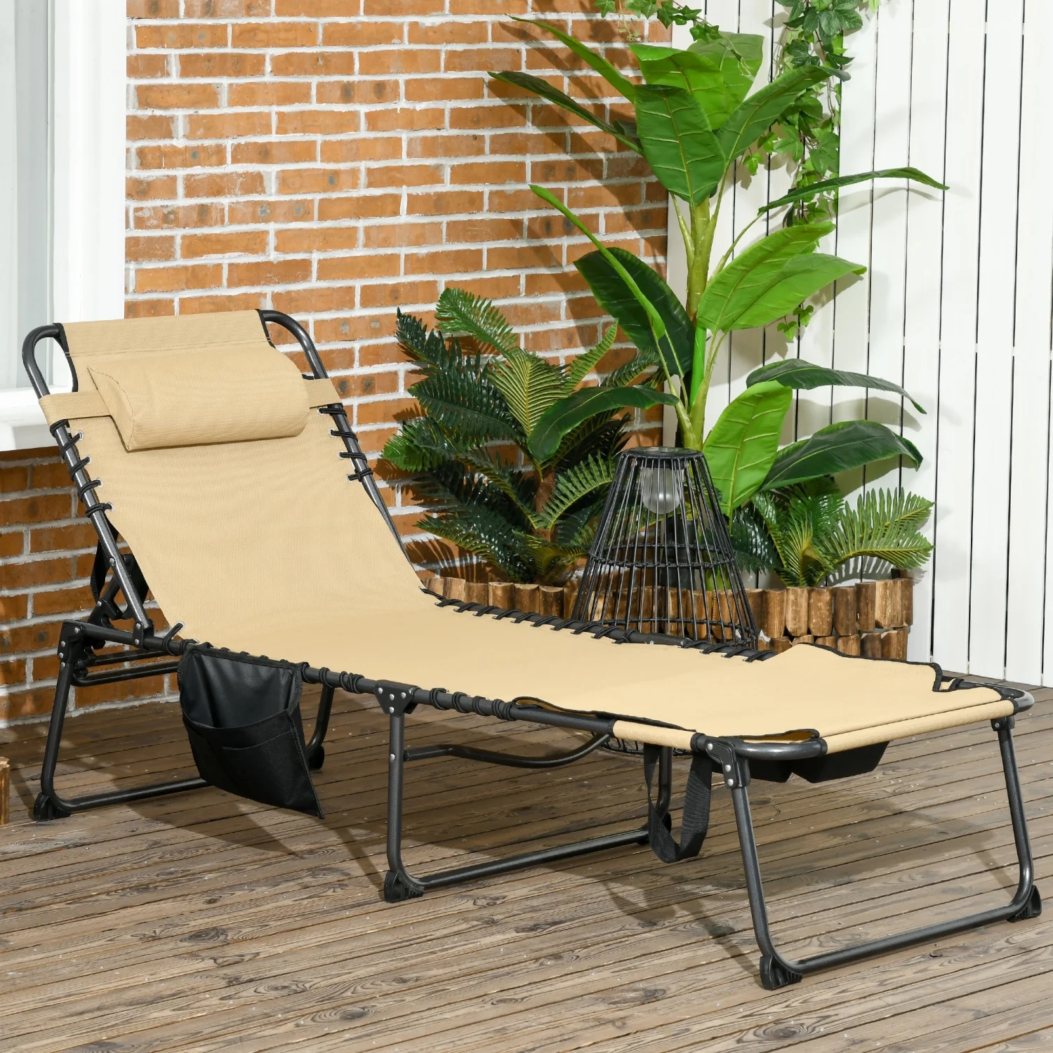 YLtoohoom Folding Chaise Lounge with 5-level Reclining Back  Outdoor Tanning Chair with Reading Face Hole  Outdoor Lounge Chair with Side Pocket & Headrest for Beach  Yard  Patio  Beige