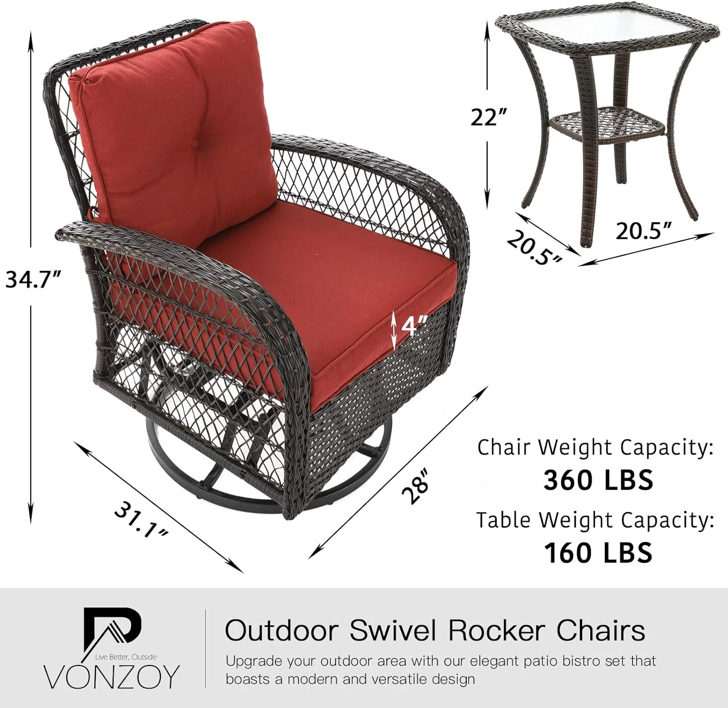Amopatio 3 Pieces Patio Furniture Set, Outdoor Swivel Glider Rocker, Wicker Patio Bistro Set with Rocking Chair, Thickened Cushions and Table for Porch（Red）