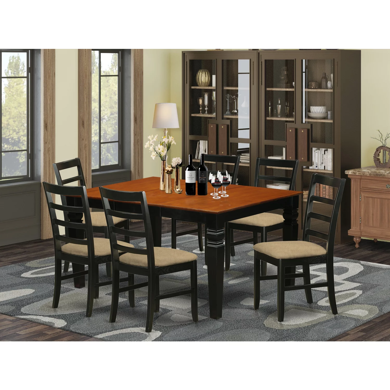 East West Furniture Weston 7-piece Dining Set with Fabric Seat in Black/Cherry
