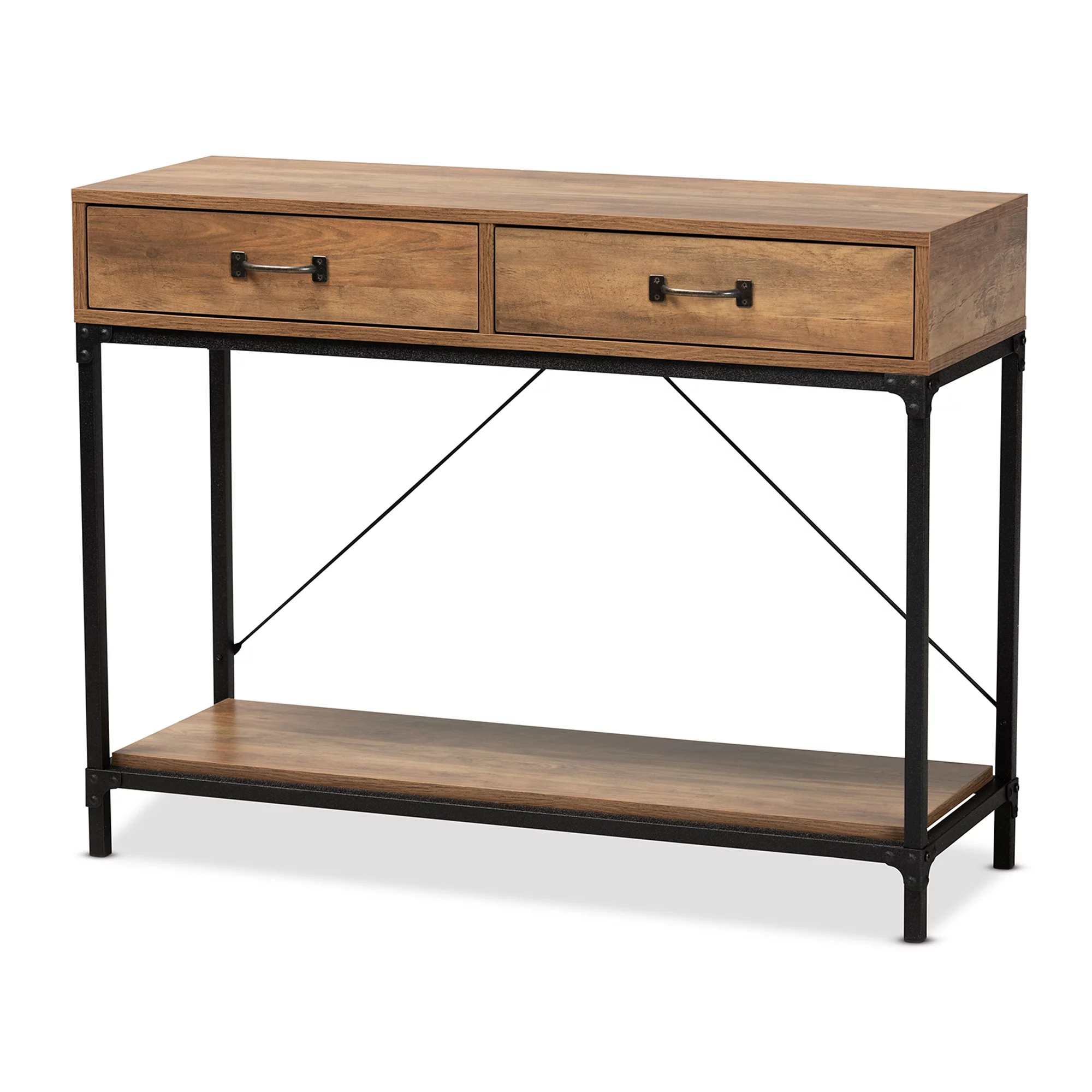 Baxton Studio Norwood Industrial Wood and Metal 2 Drawer Console Table, Walnut