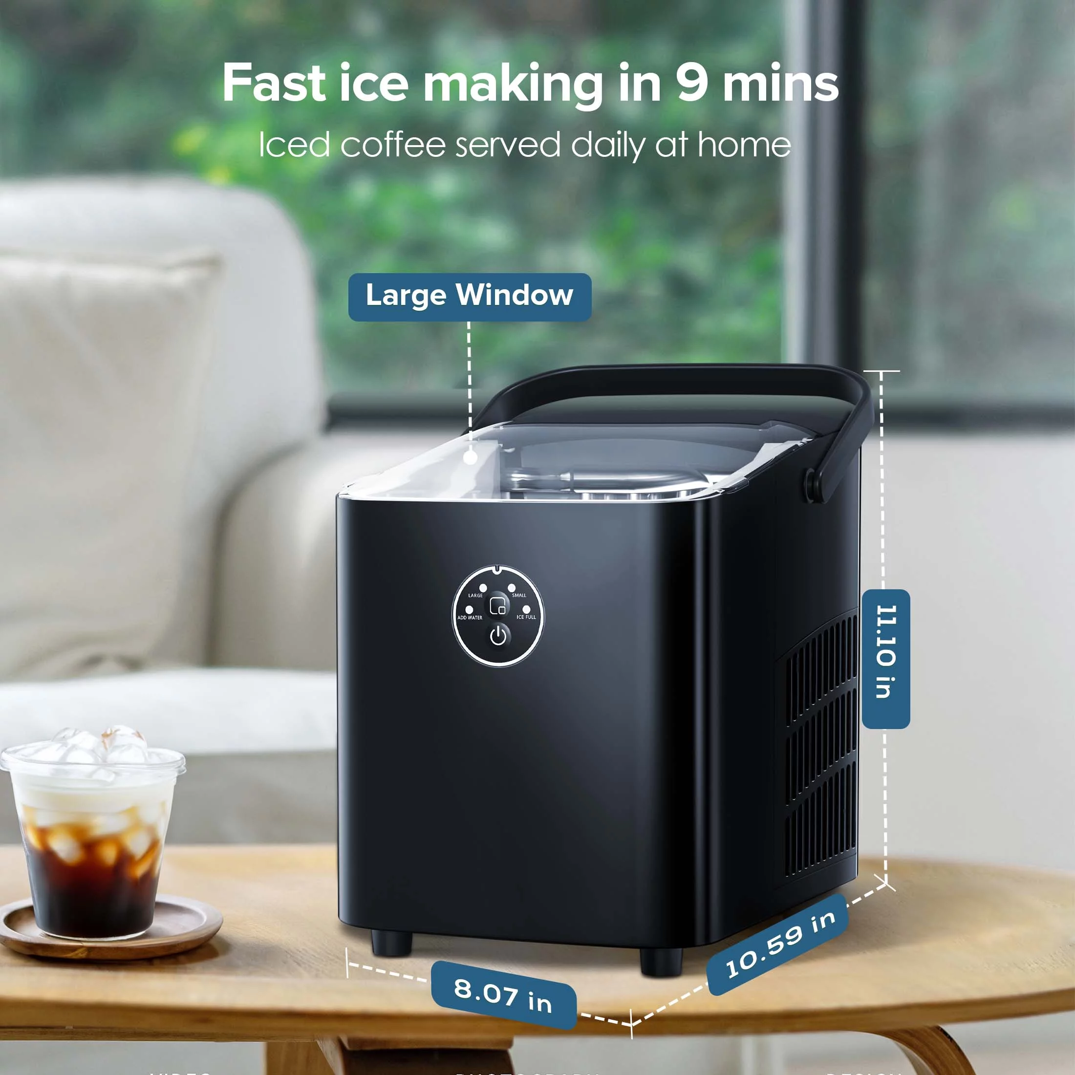 LHRIVER Portable Ice Maker Machine, Portable Ice Maker Machine with Handle, 26lbs/24H, 8 Bullet Ice Cubes of 2 Sizes S/L Ready in 9 Mins, Self-Cleaning for Home/Kitchen/Office/Party - Black