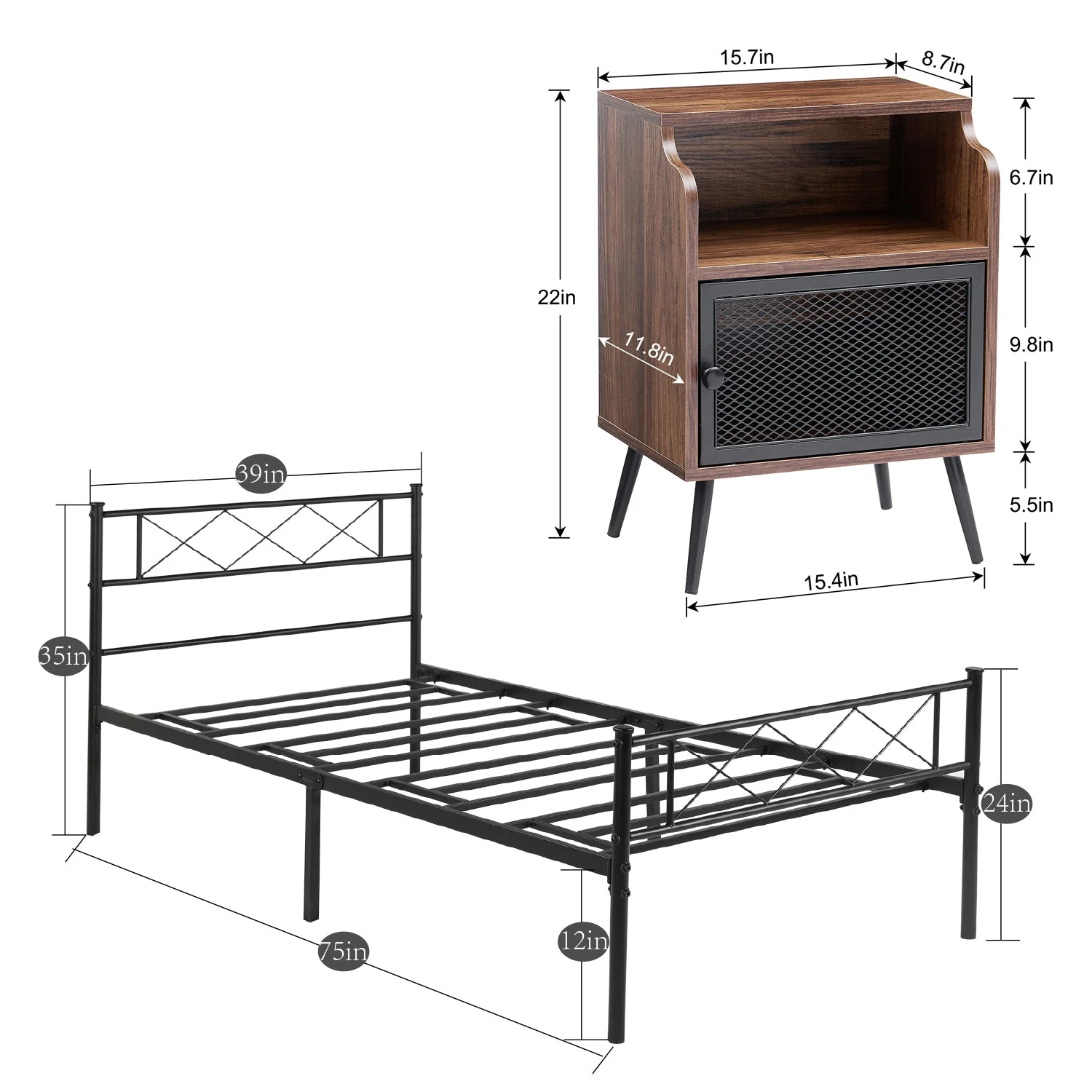VECELO 3-Piece Bedroom Sets Metal Bed Frame and 2 Brown Nightstand