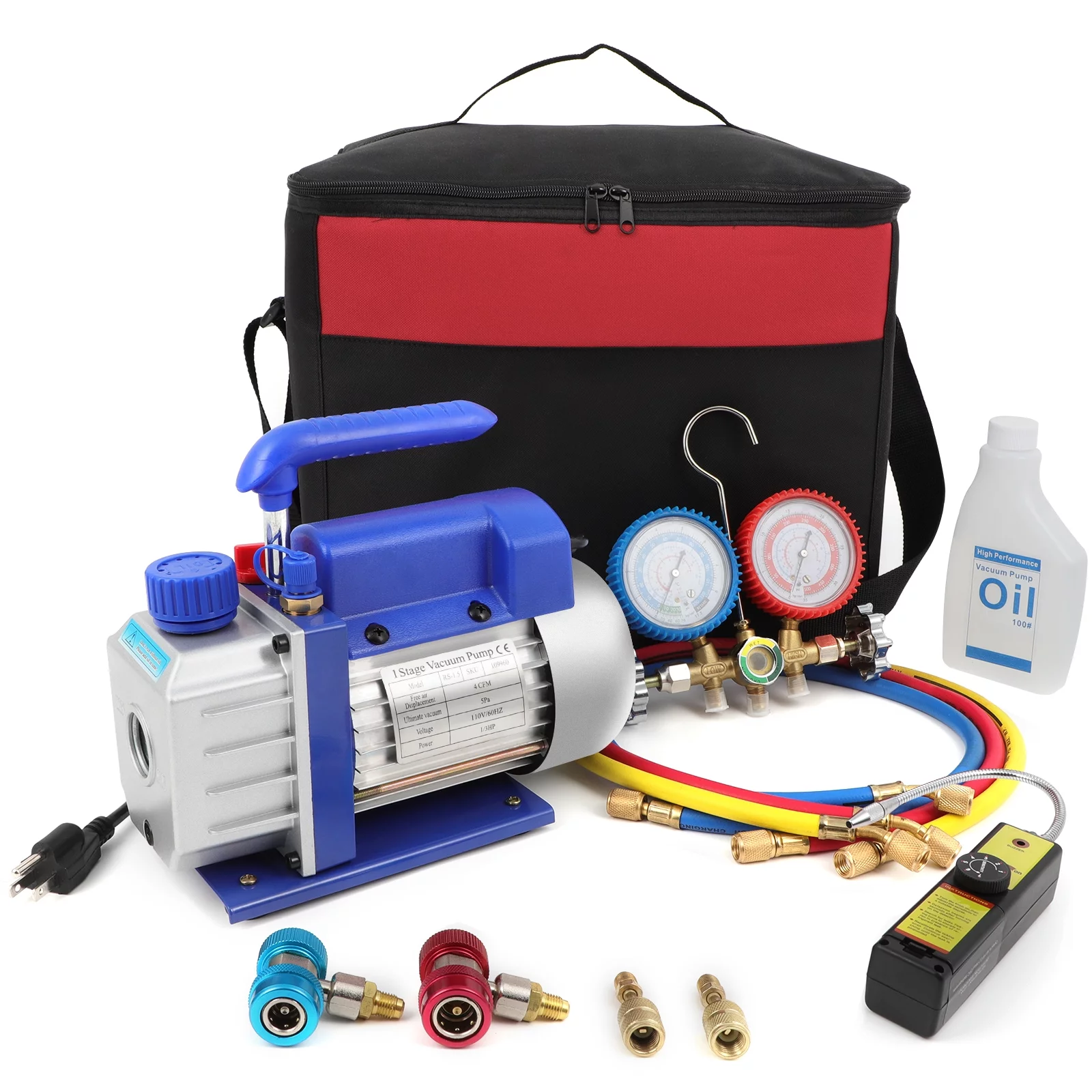 Complete Refrigerant Repair Tool Kit,1/3 HP 4CFM HVAC Vacuum Pump,R134a AC Manifold Gauge Set With Hoses and Quick Couplers,Leak Detector For Air Conditioner