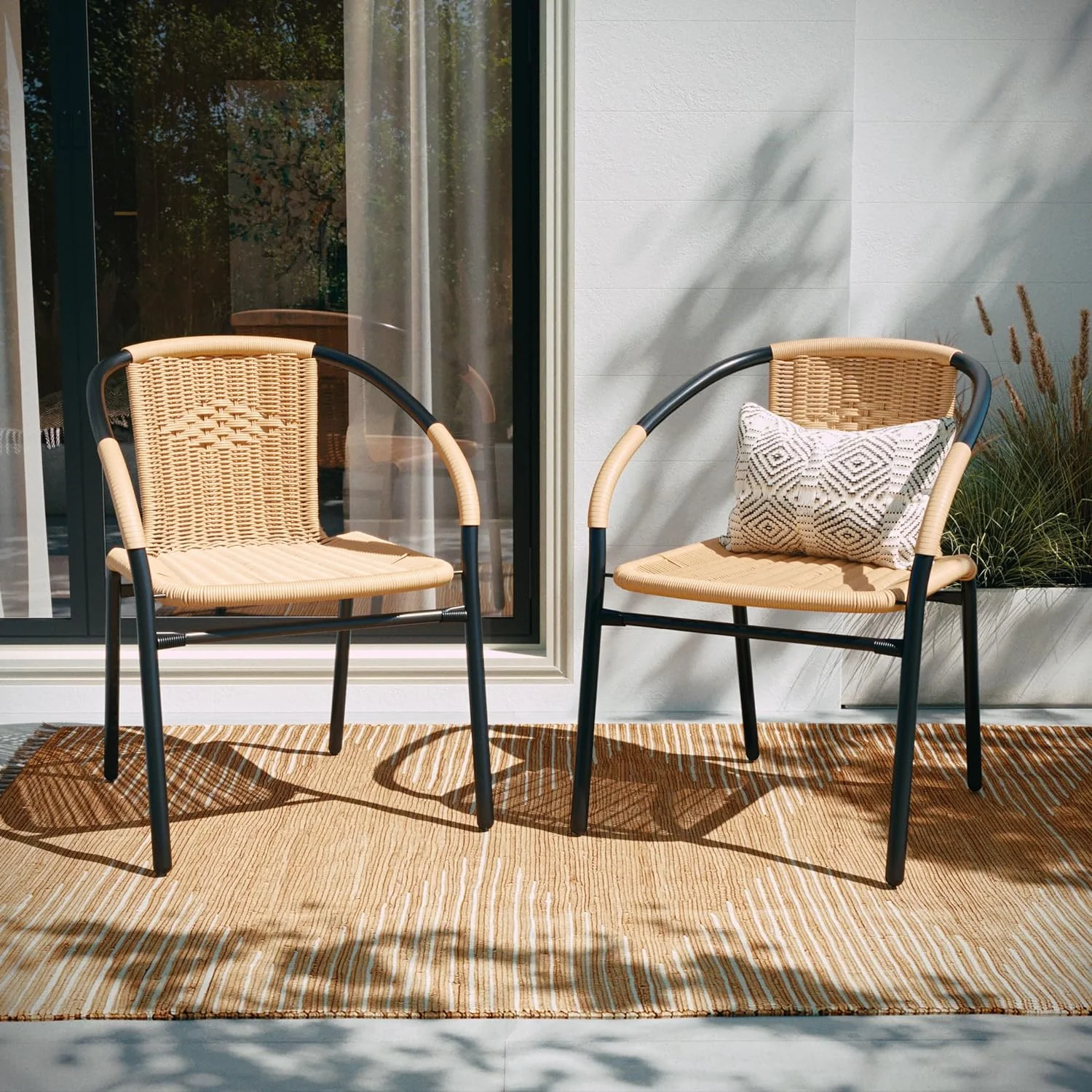 2-Pack Beige Rattan Stackable Chairs: Indoor-Outdoor Restaurant Seating with Curved Back