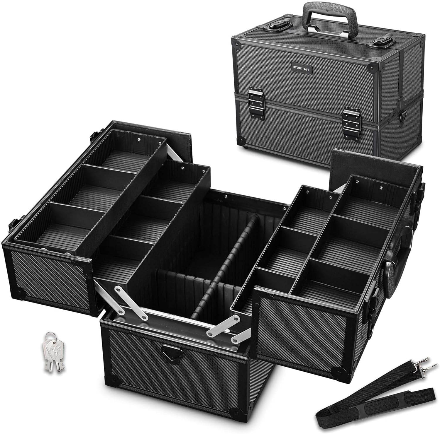 AW BYOOTIQUE 14 inch Makeup Train Case Pro Adjustable 4 Trays Cosmetic Case Storage Organizer Box with Lock Compartments Large Black