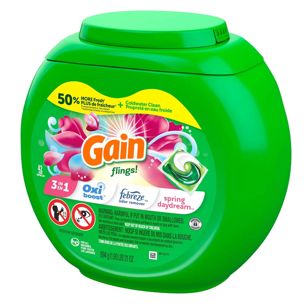 Gain Flings Laundry Detergent Soap Pacs, Spring Daydream Scent, HE Compatible, 42-Count