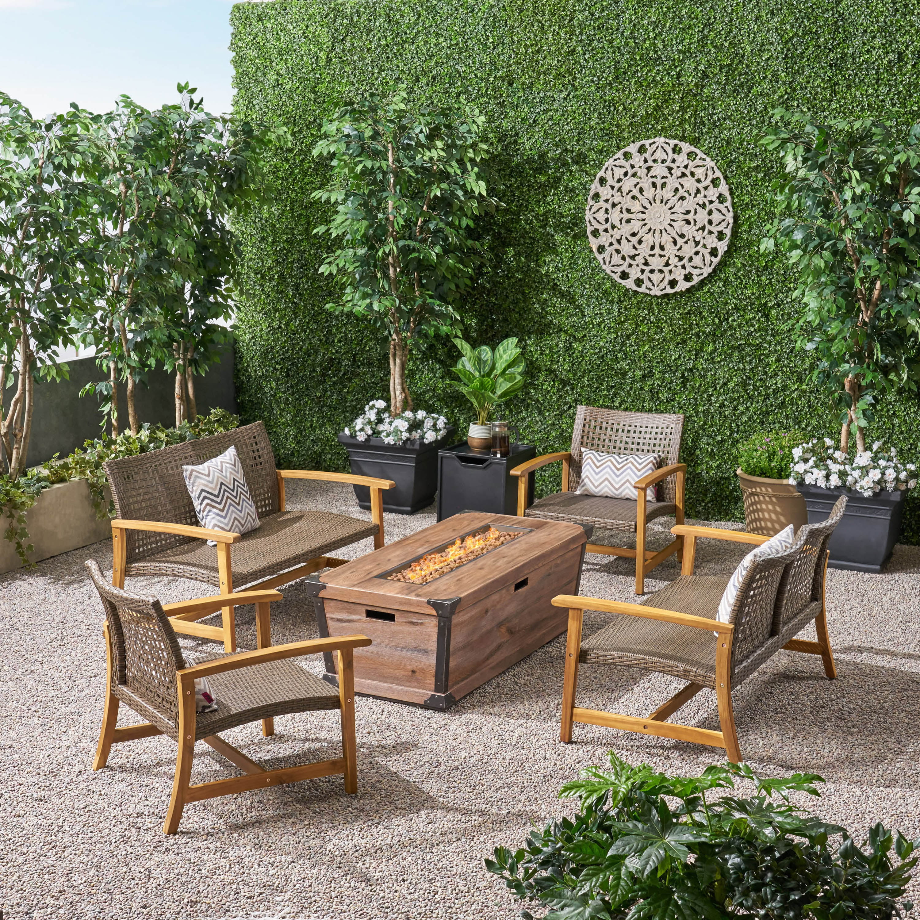 GDF Studio Savannah Outdoor Acacia Wood and Wicker 6 Seater Chat Set with Fire Pit, Natural, Mixed Mocha, and Brown