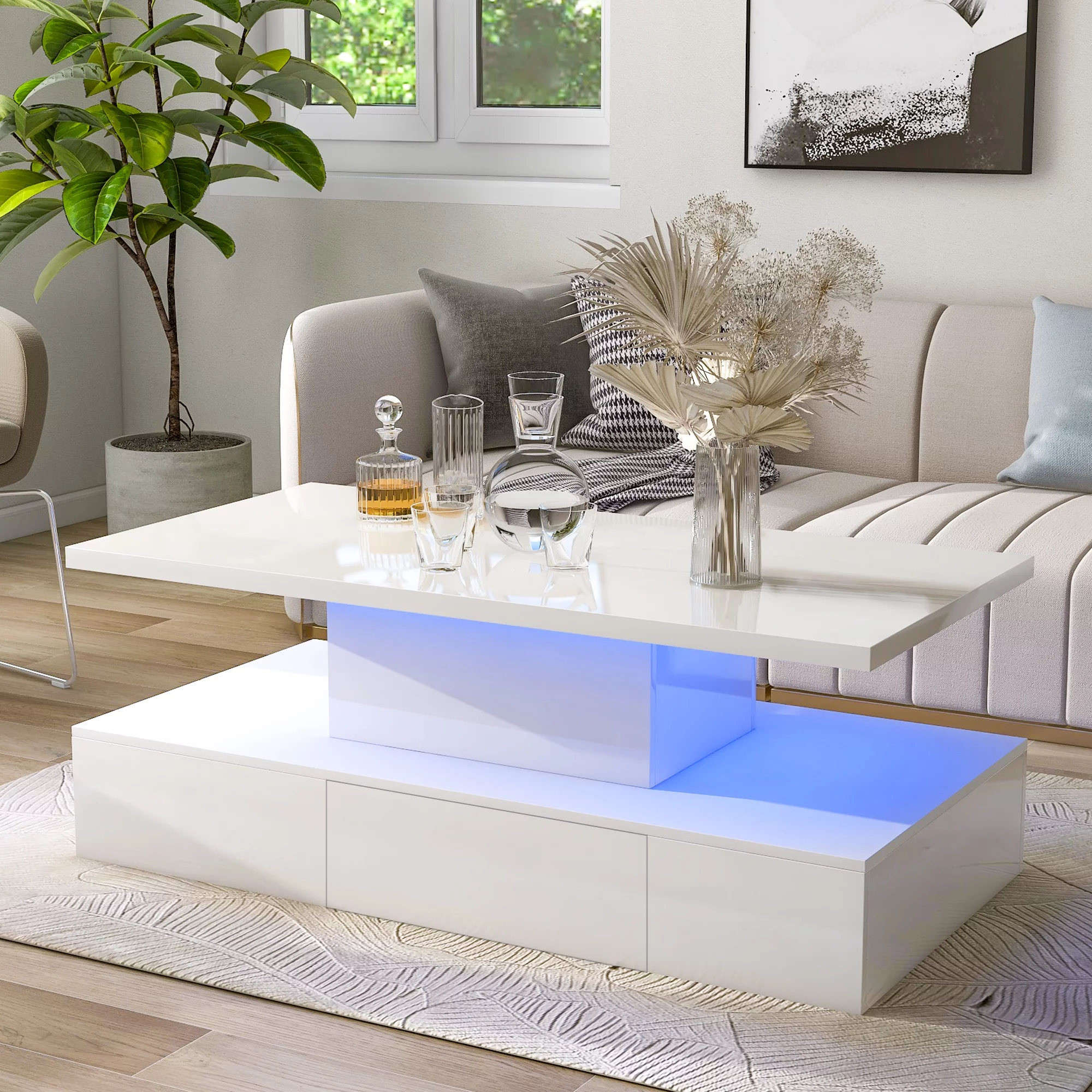 LED Coffee Table with Drawer, 2-Tier Rectangle Center Coffee Table with 16-Colors LED Lighting, Living Room Table Furniture, UV High-Gloss Tea Table, Modern LED Coffee Table for Living room, White