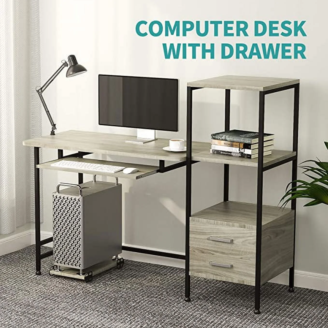 Mecor Computer Desk with 2 Drawers, Modern Writing Desk with Bookshelf, PC Laptop Study Table Workstation for Home (Oak Grey)