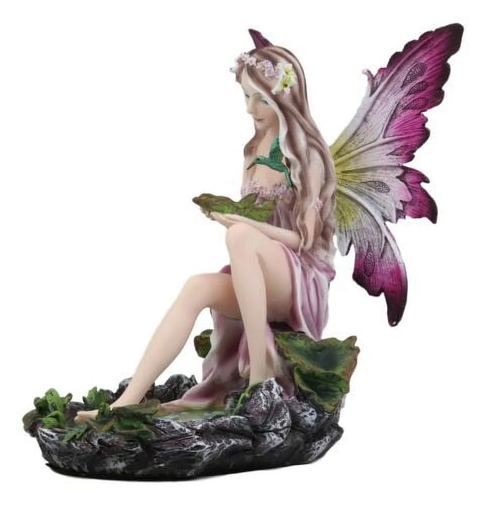 Mysterious Water Lagoon Purple Fairy With Hummingbird Statue 9
