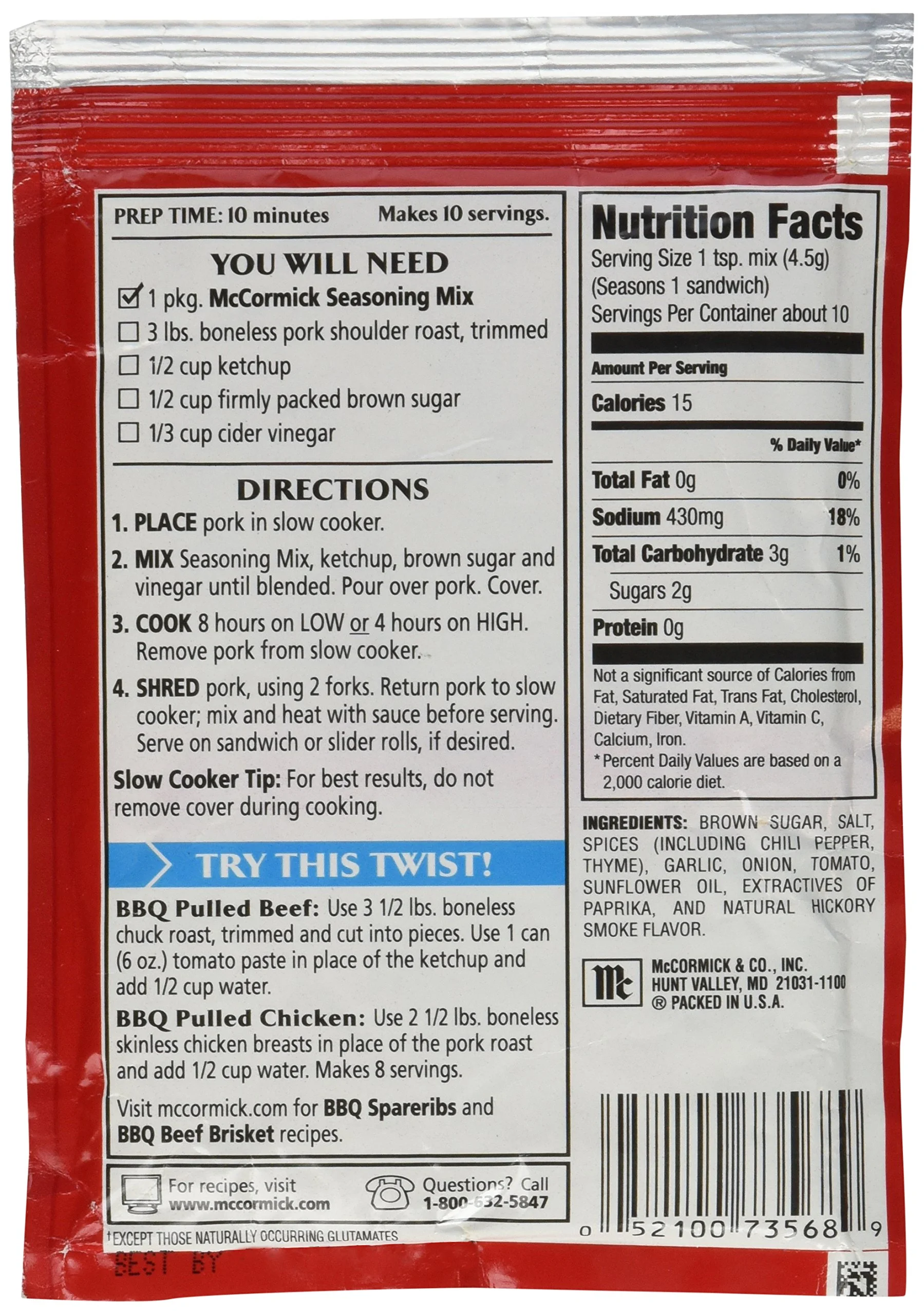 Mccormick Slow Cookers: Bbq Pulled Pork (Pack Of 4) 1.6 Oz Packets