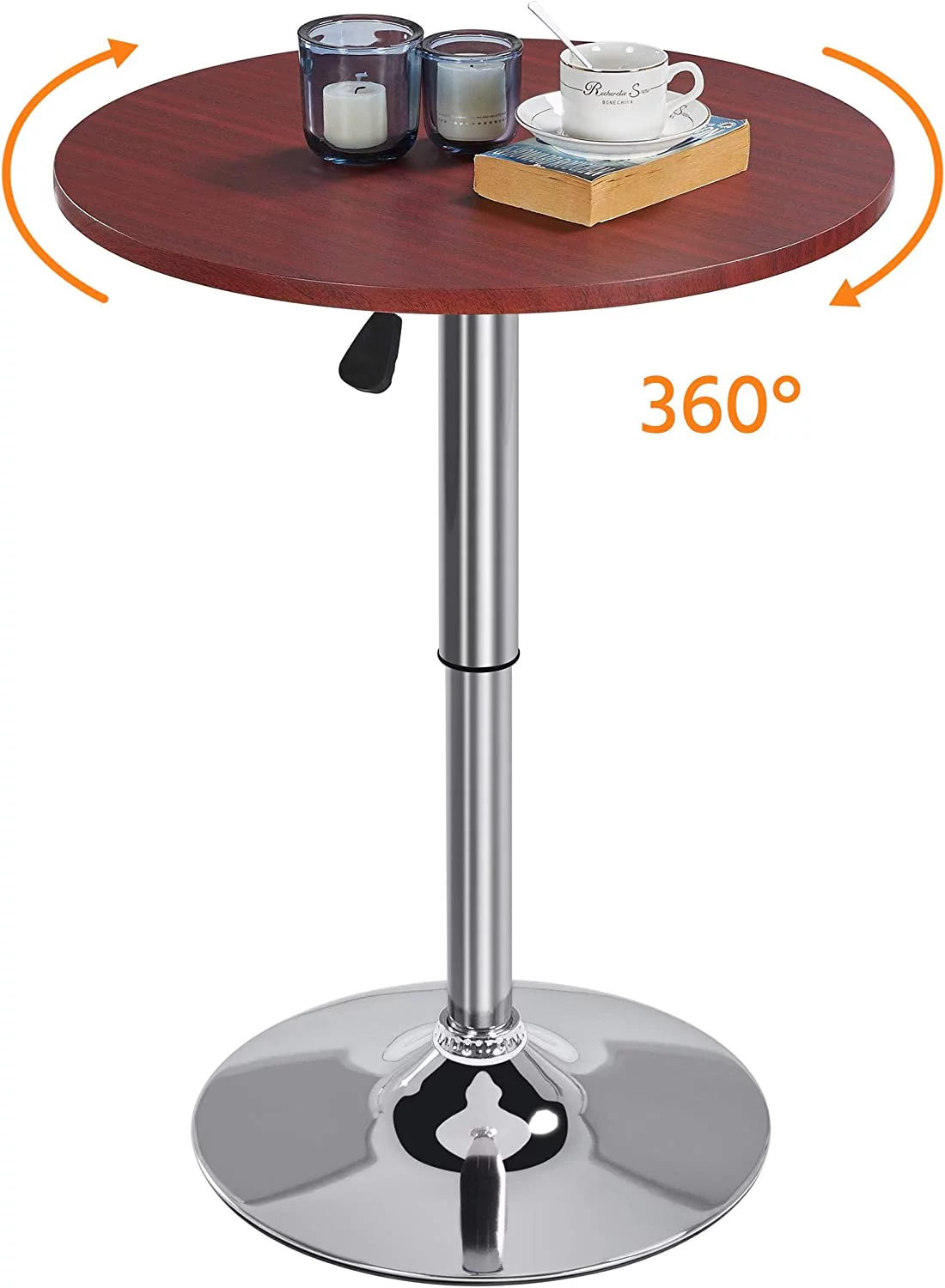 Height Adjustable Round Pub Table Counter Bar MDF Top Table 360 Degree Swivel Bar Tables Tall Cocktail Tables Bistro Table, Mahogany